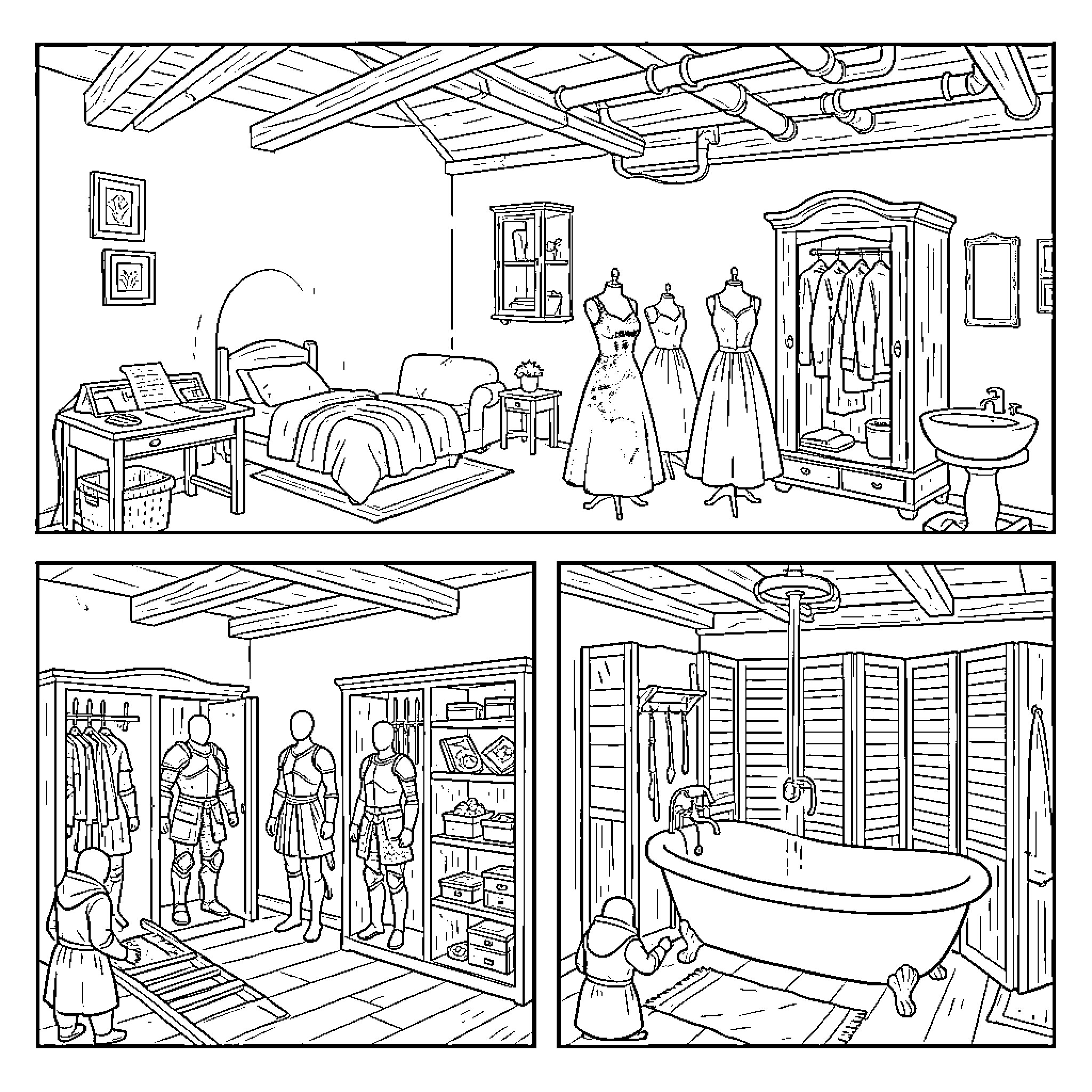 Living Quarters featuring bedroom, wardrobe, and bathroom scenes Coloring Page (free black-and-white line drawing printable PDF for all, from beginners to advanced learners, including children, teens, adults, and seniors)