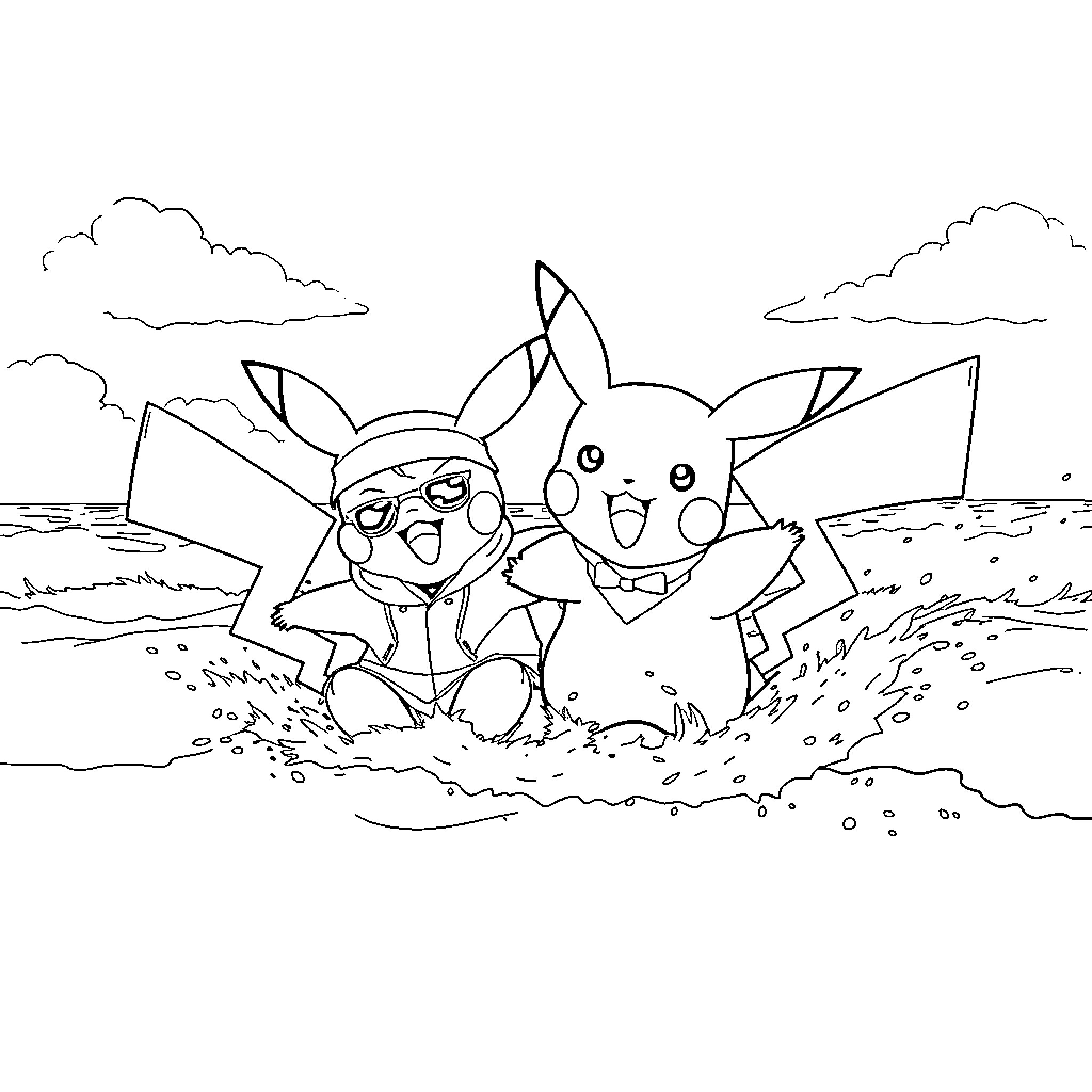 Pikachu and Pals Enjoying Outdoor Adventure Coloring Page (free black-and-white line drawing printable PDF for all, from beginners to advanced learners, including children, teens, adults, and seniors)