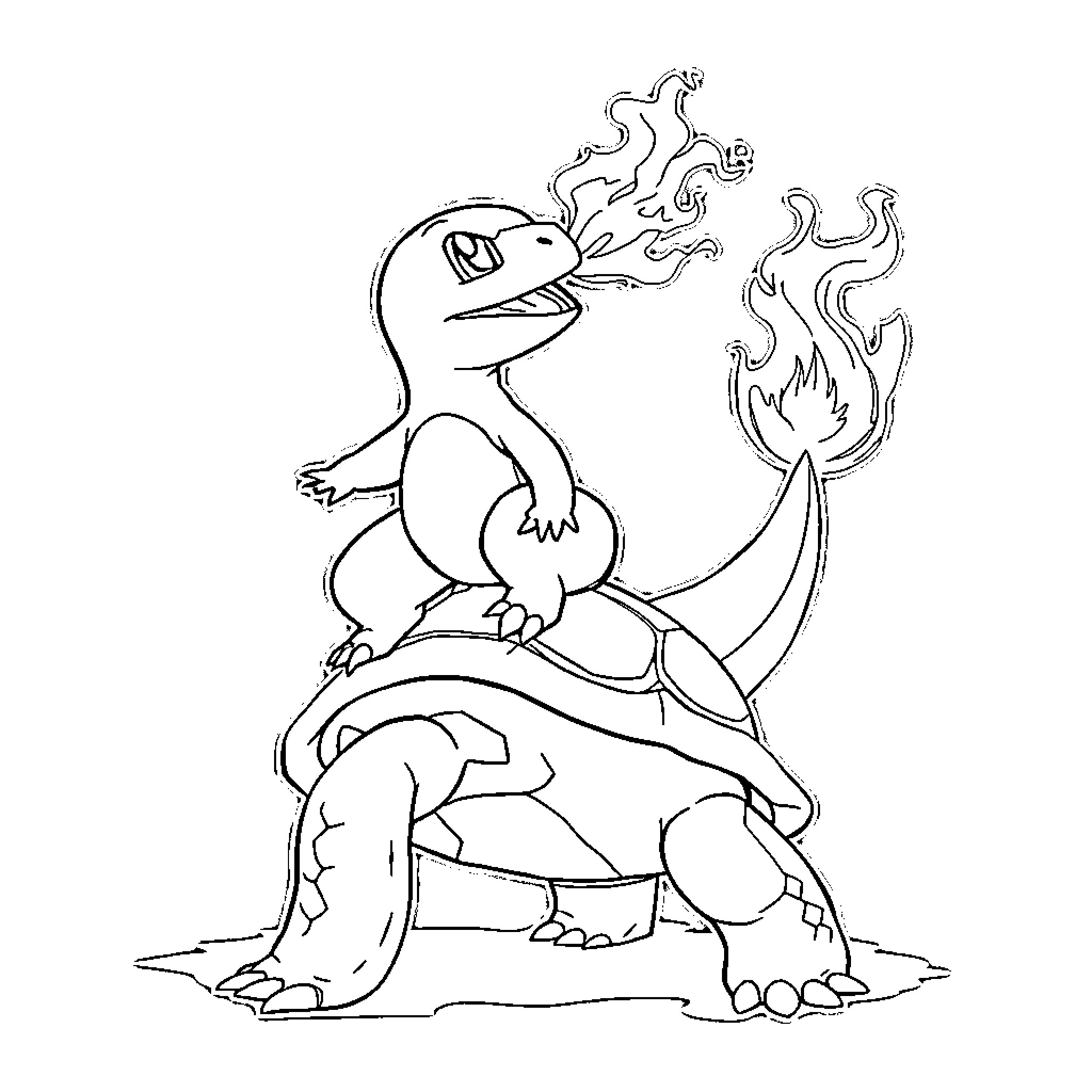 Charmander Blasting Flames from Mouth Coloring Page (free black-and-white line drawing printable PDF for all, from beginners to advanced learners, including children, teens, adults, and seniors)