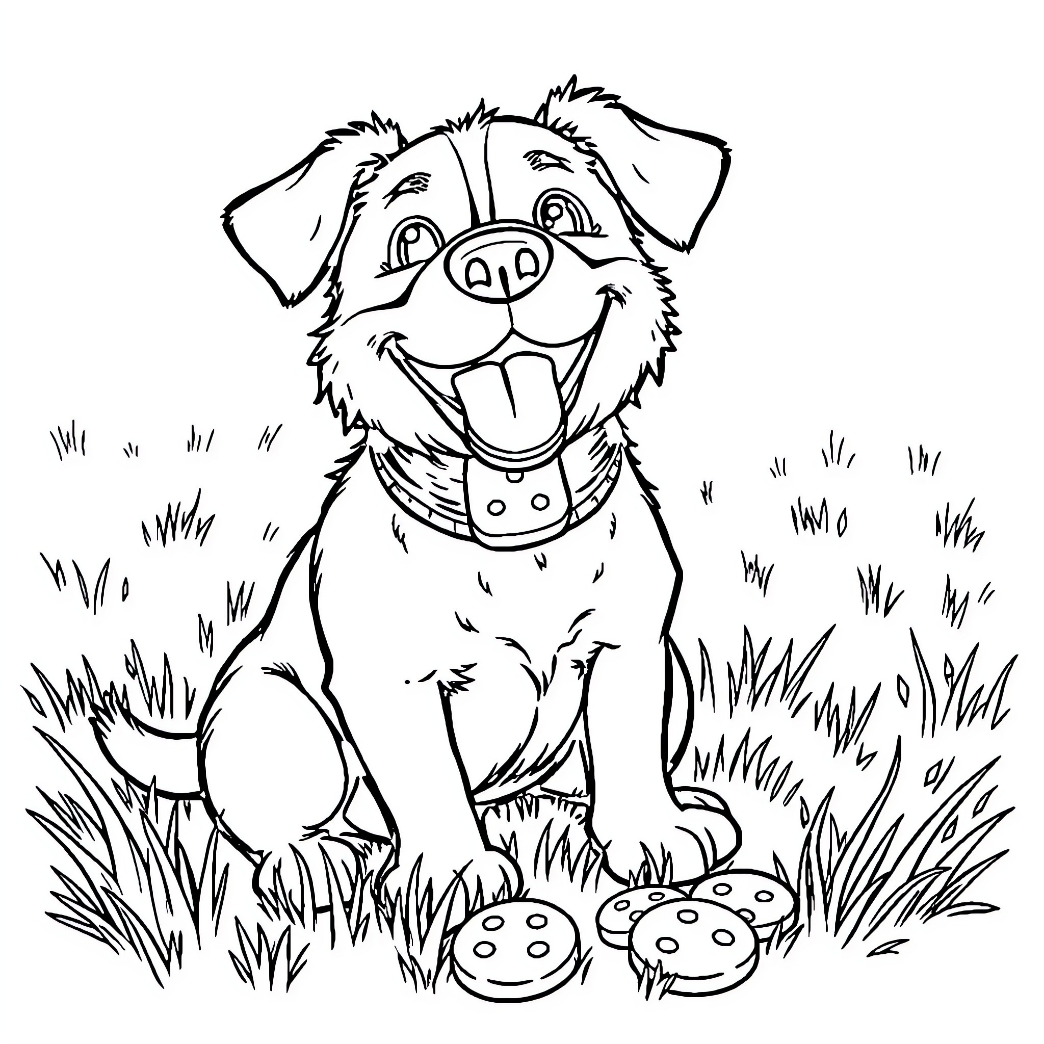 Dog sitting happily in the grass Coloring Page (free black-and-white line drawing printable PDF for all, from beginners to advanced learners, including children, teens, adults, and seniors)