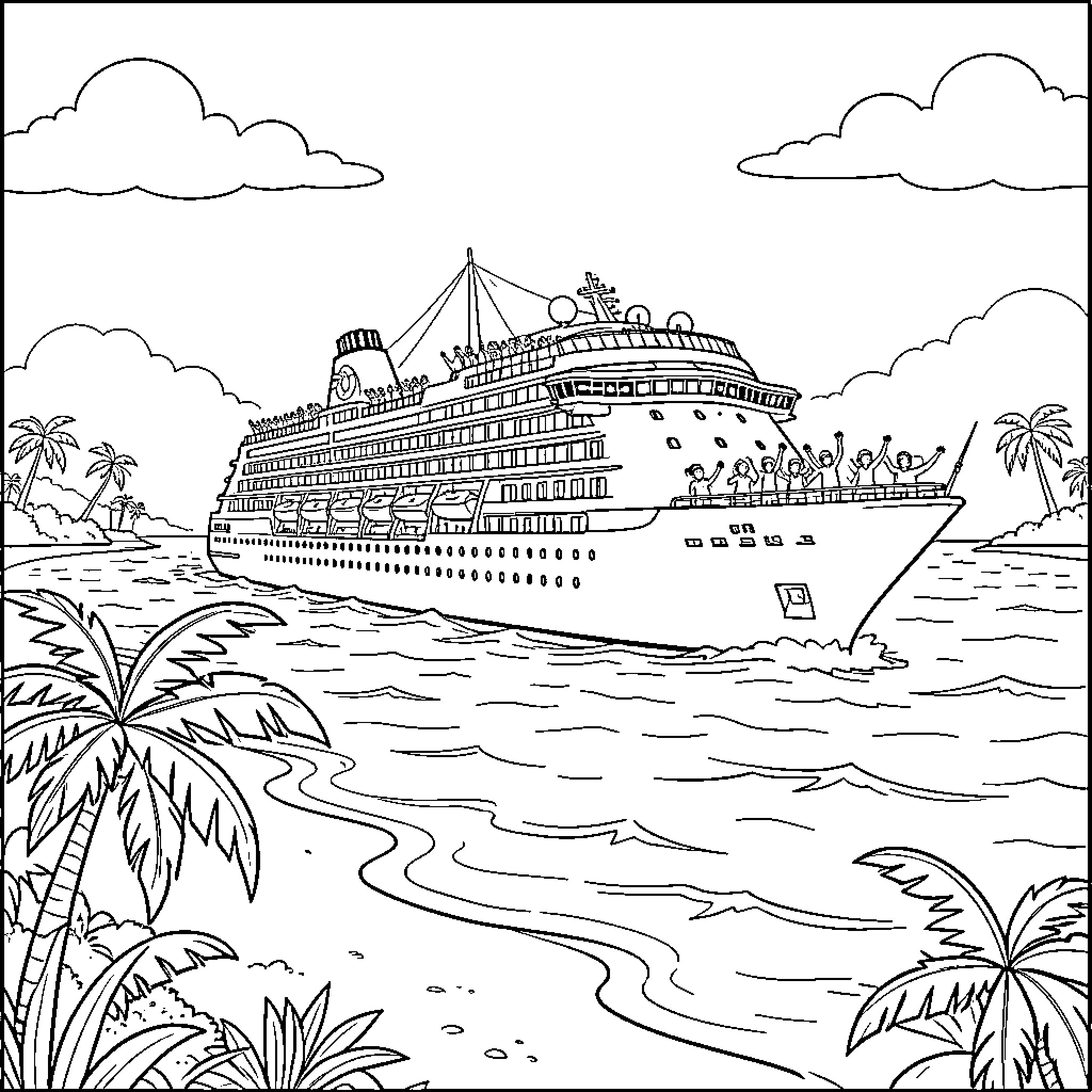Cruise Ship at Tropical Destination Coloring Page (free black-and-white line drawing printable PDF for all, from beginners to advanced learners, including children, teens, adults, and seniors)
