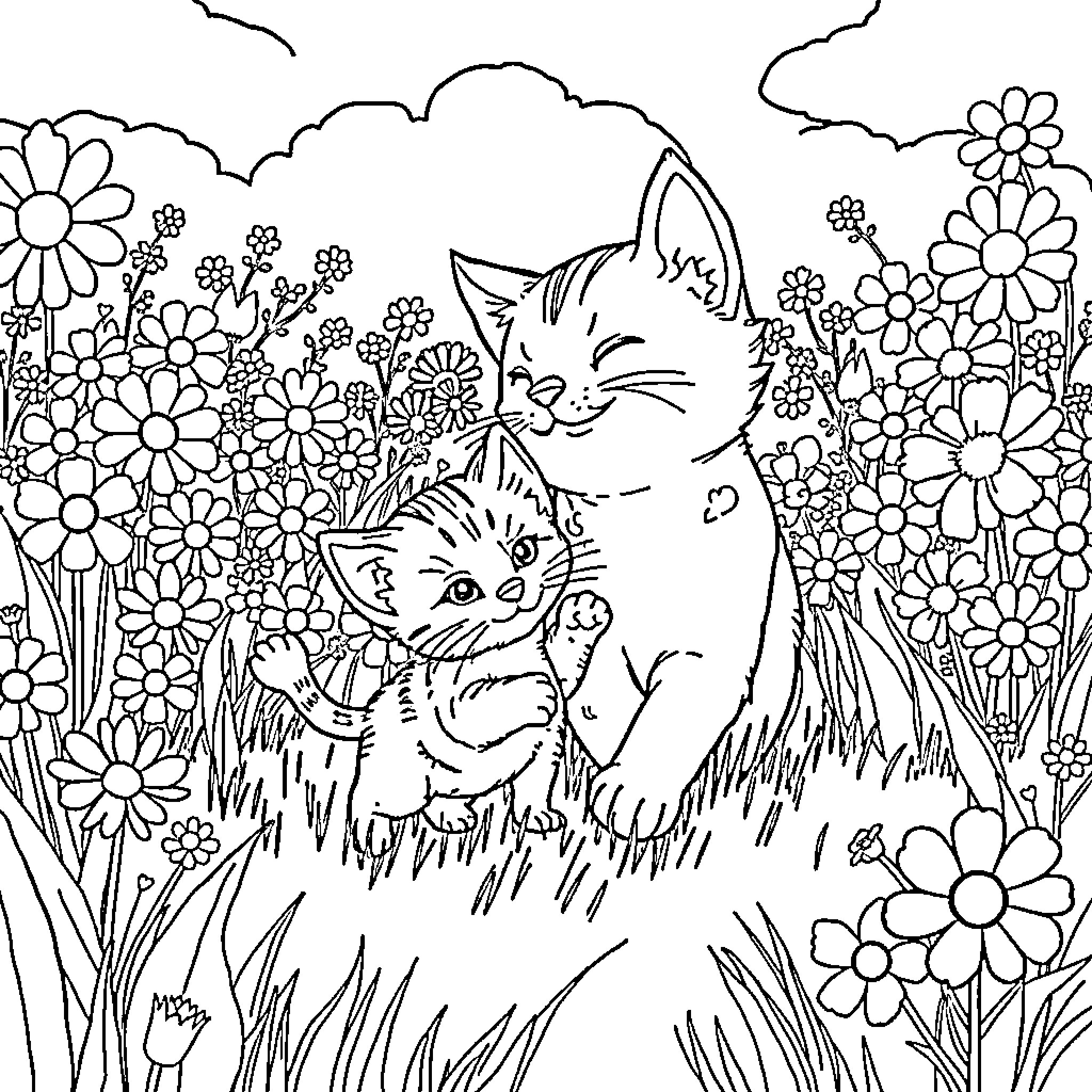 Cats playing in a floral garden Coloring Page (free black-and-white line drawing printable PDF for all, from beginners to advanced learners, including children, teens, adults, and seniors)