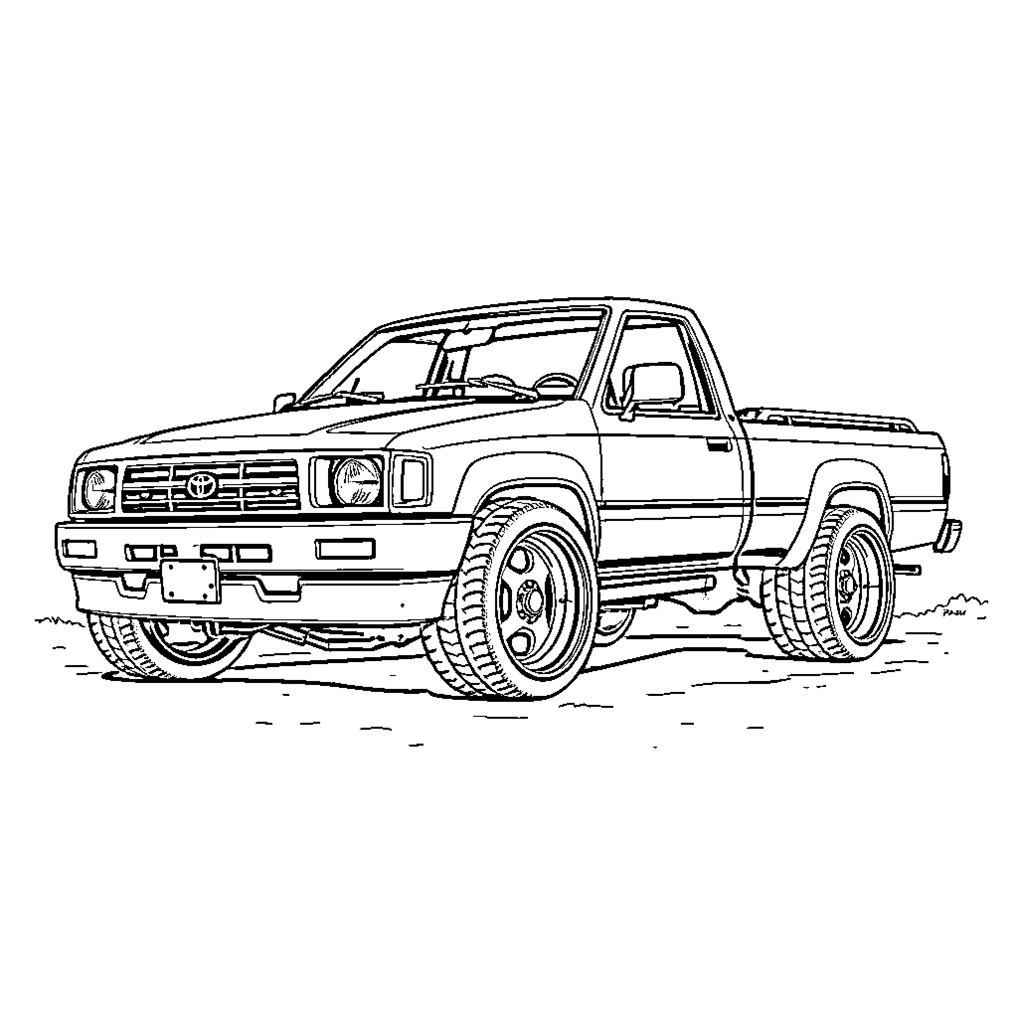 Toyota Pickup off-road adventure Coloring Page (free black-and-white line drawing printable PDF for all, from beginners to advanced learners, including children, teens, adults, and seniors)