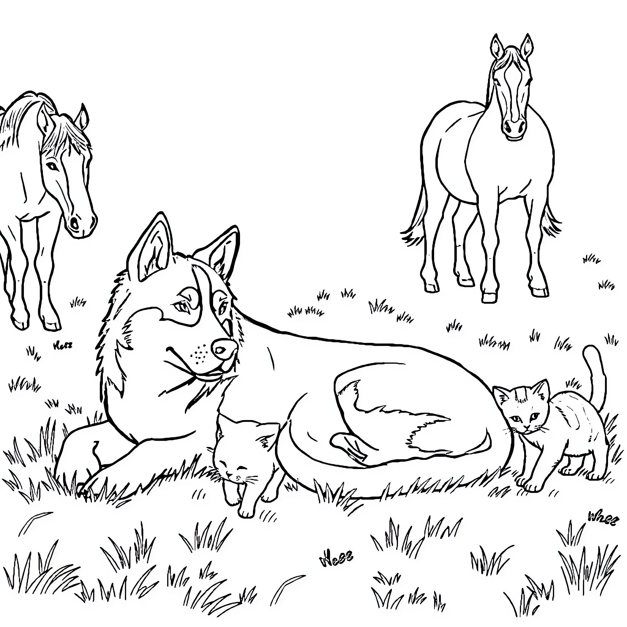 Husky Hounds and Feline Friends Frolic Freely Coloring Page (free black-and-white line drawing printable PDF for all, from beginners to advanced learners, including children, teens, adults, and seniors)