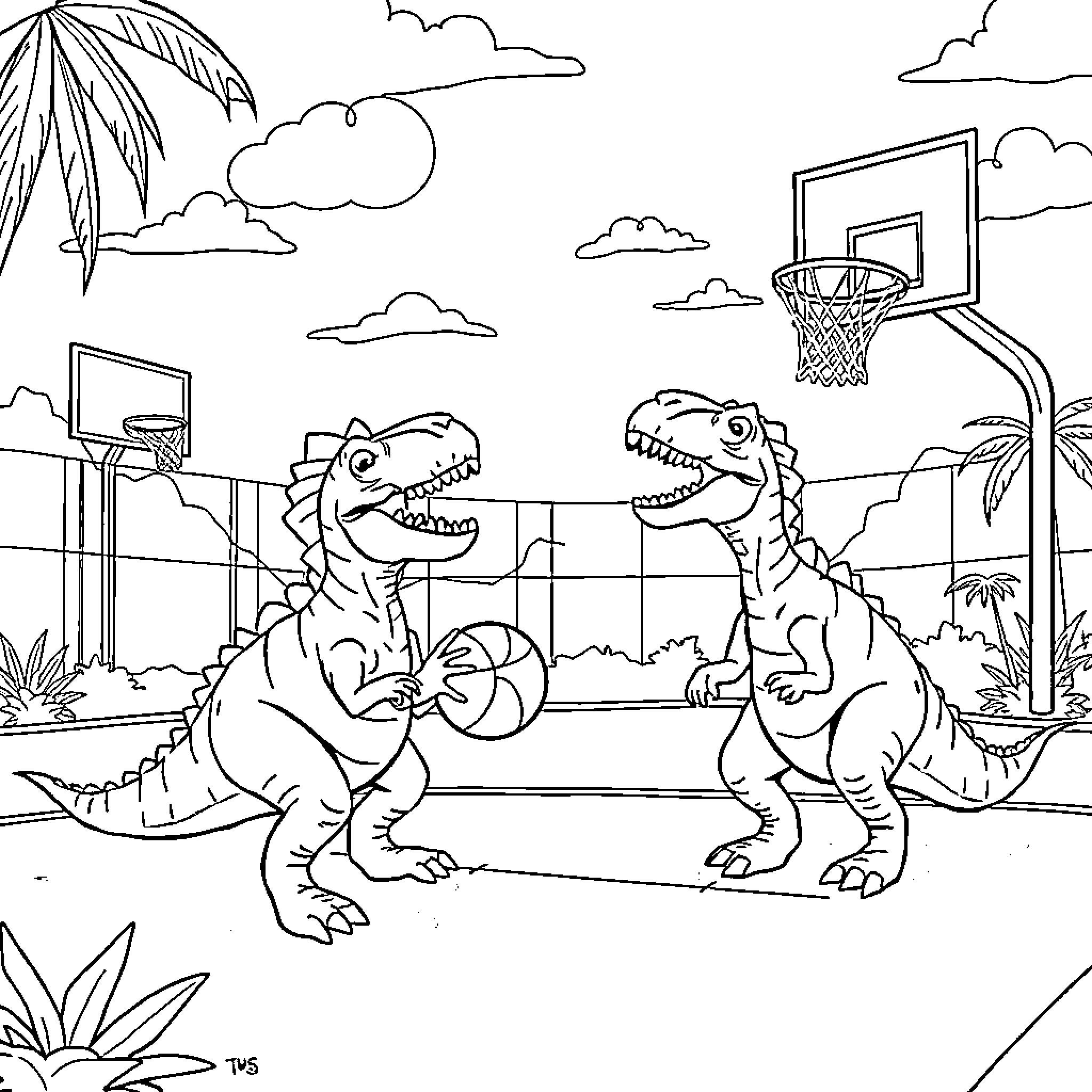 Dinosaurs playing basketball on a tropical court Coloring Page (free black-and-white line drawing printable PDF for all, from beginners to advanced learners, including children, teens, adults, and seniors)