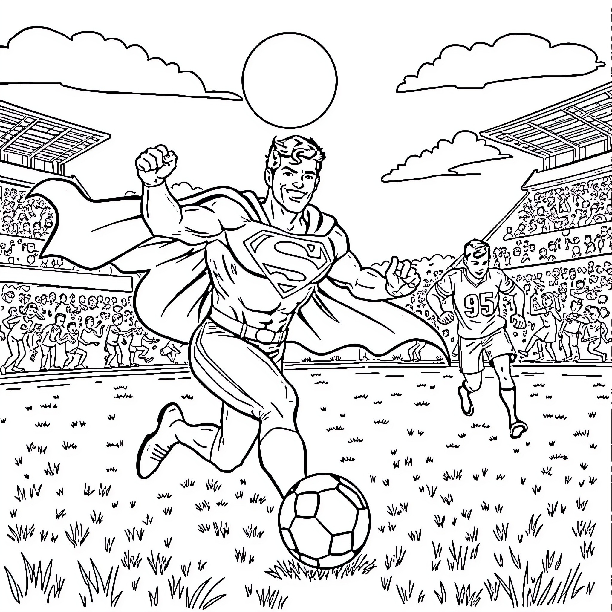 Superman playing soccer in the stadium Coloring Page (free black-and-white line drawing printable PDF for all, from beginners to advanced learners, including children, teens, adults, and seniors)