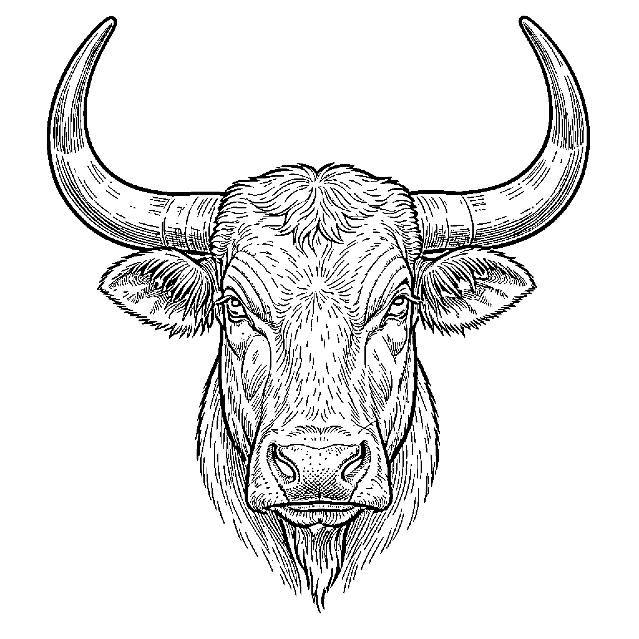 Bull with Striking Horns and Expressive Face Coloring Page (free black-and-white line drawing printable PDF for all, from beginners to advanced learners, including children, teens, adults, and seniors)