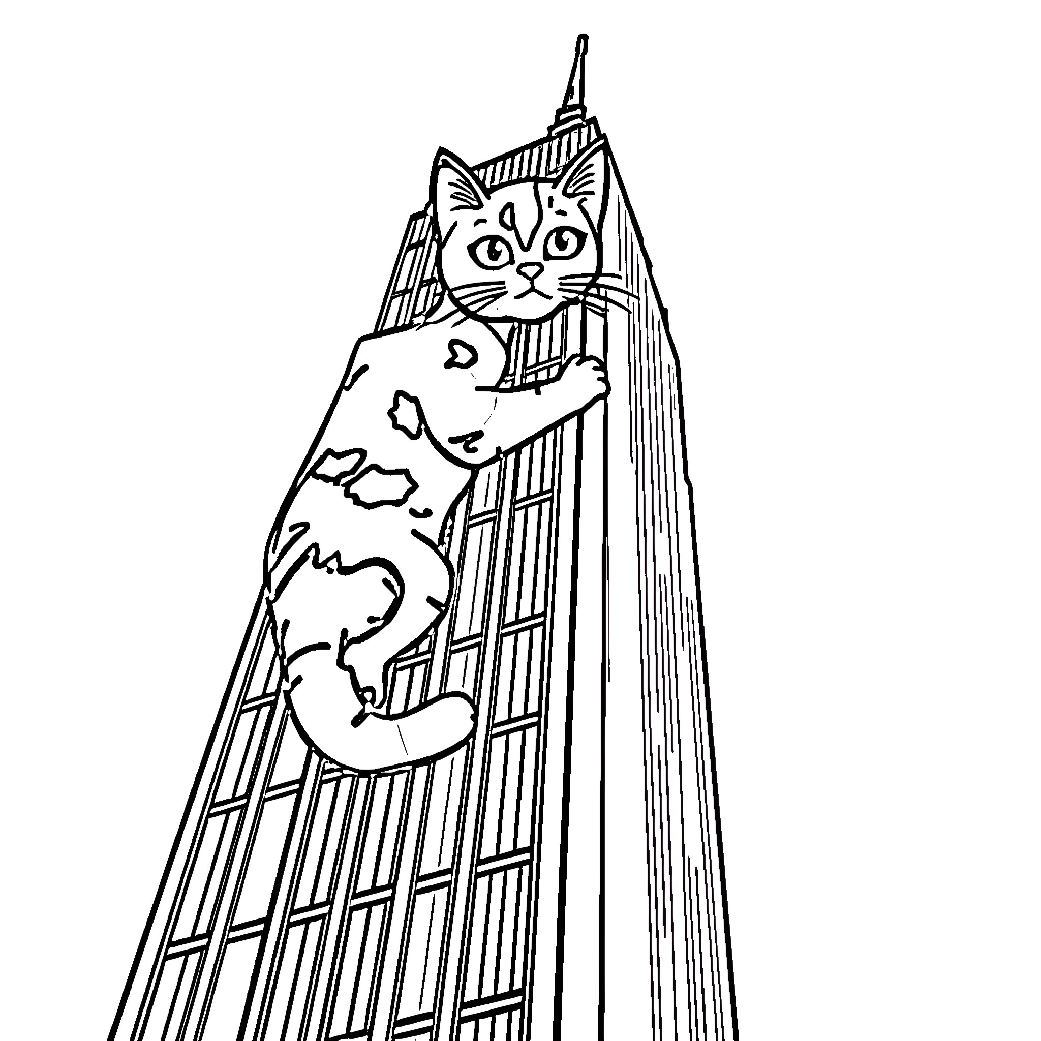 Cat climbing up tall skyscraper Coloring Page (free black-and-white line drawing printable PDF for all, from beginners to advanced learners, including children, teens, adults, and seniors)