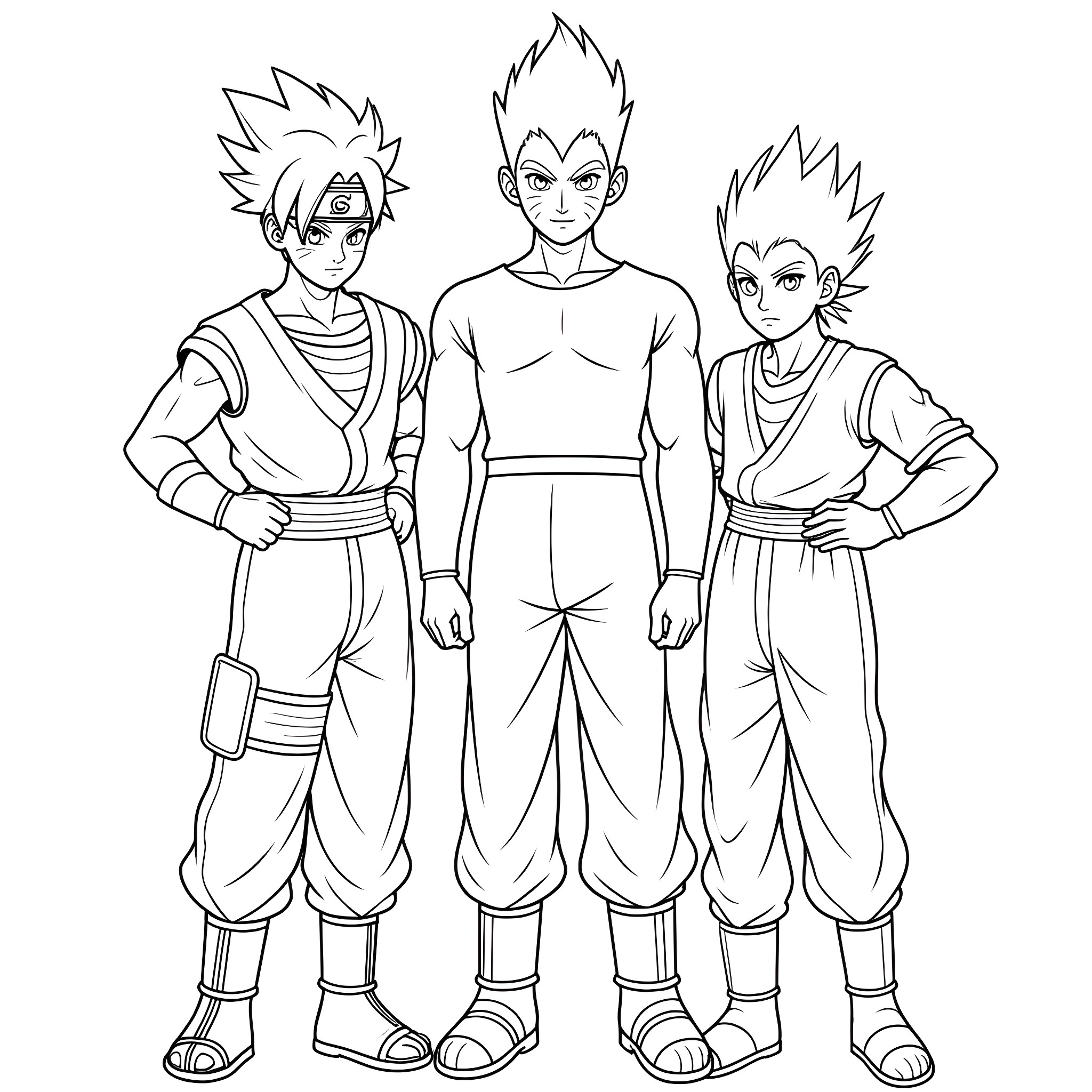 Naruto characters in fighting poses and outfits Coloring Page (free black-and-white line drawing printable PDF for all, from beginners to advanced learners, including children, teens, adults, and seniors)