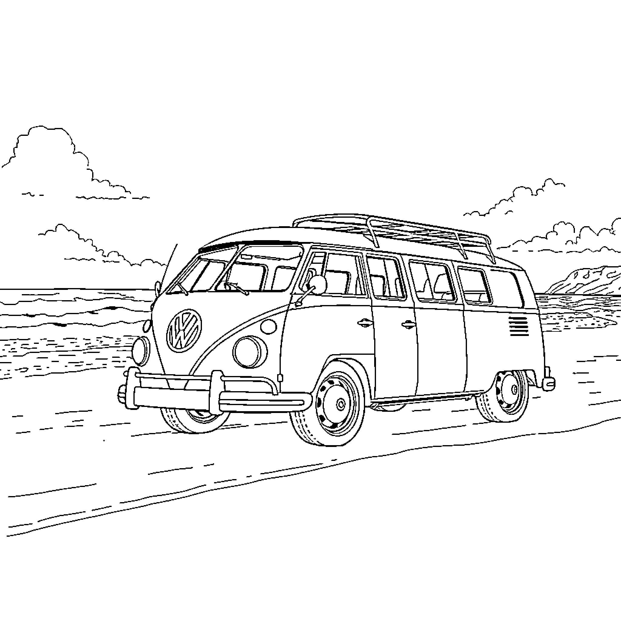 VW T1 traveling along scenic coastal route Coloring Page (free black-and-white line drawing printable PDF for all, from beginners to advanced learners, including children, teens, adults, and seniors)