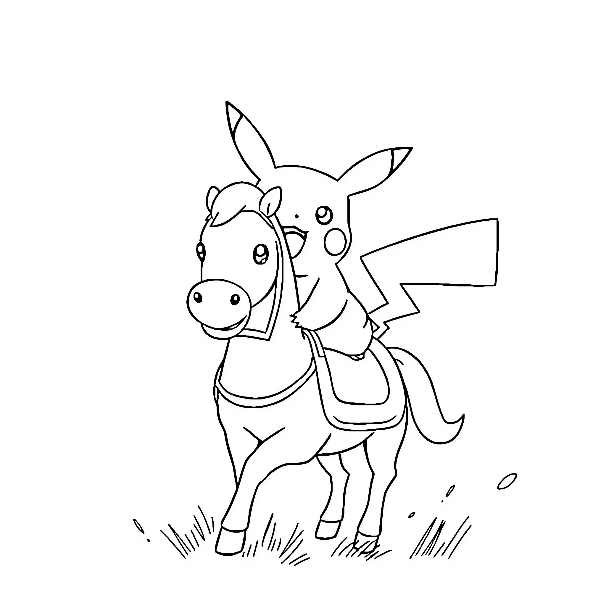Pikachu riding a friendly donkey Coloring Page (free black-and-white line drawing printable PDF for all, from beginners to advanced learners, including children, teens, adults, and seniors)