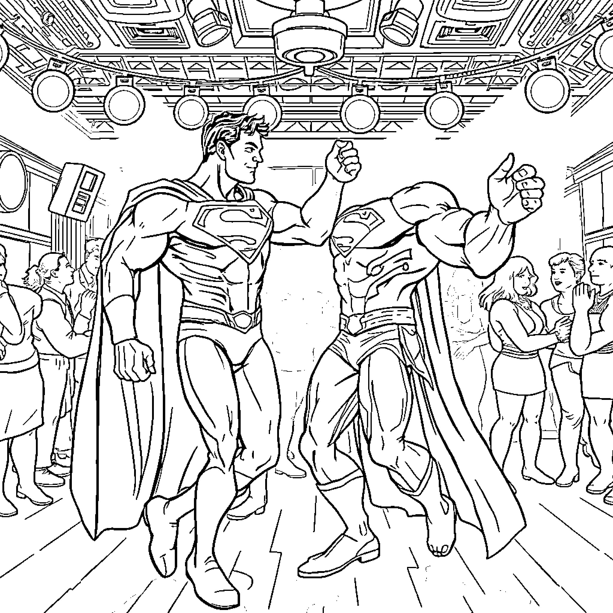 Superman challenges a powerful foe in an epic showdown Coloring Page (free black-and-white line drawing printable PDF for all, from beginners to advanced learners, including children, teens, adults, and seniors)