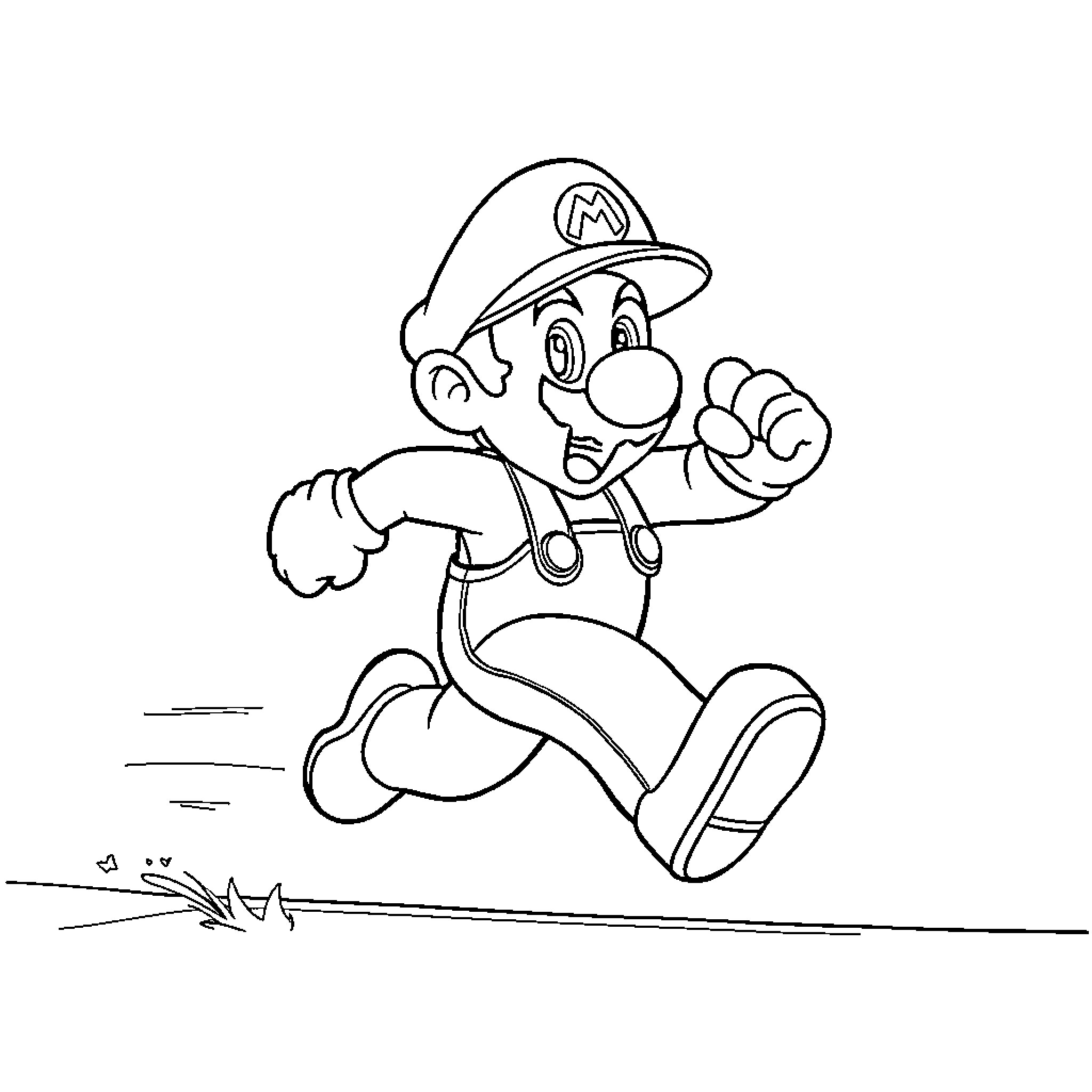 Mario running with enthusiasm Coloring Page (free black-and-white line drawing printable PDF for all, from beginners to advanced learners, including children, teens, adults, and seniors)