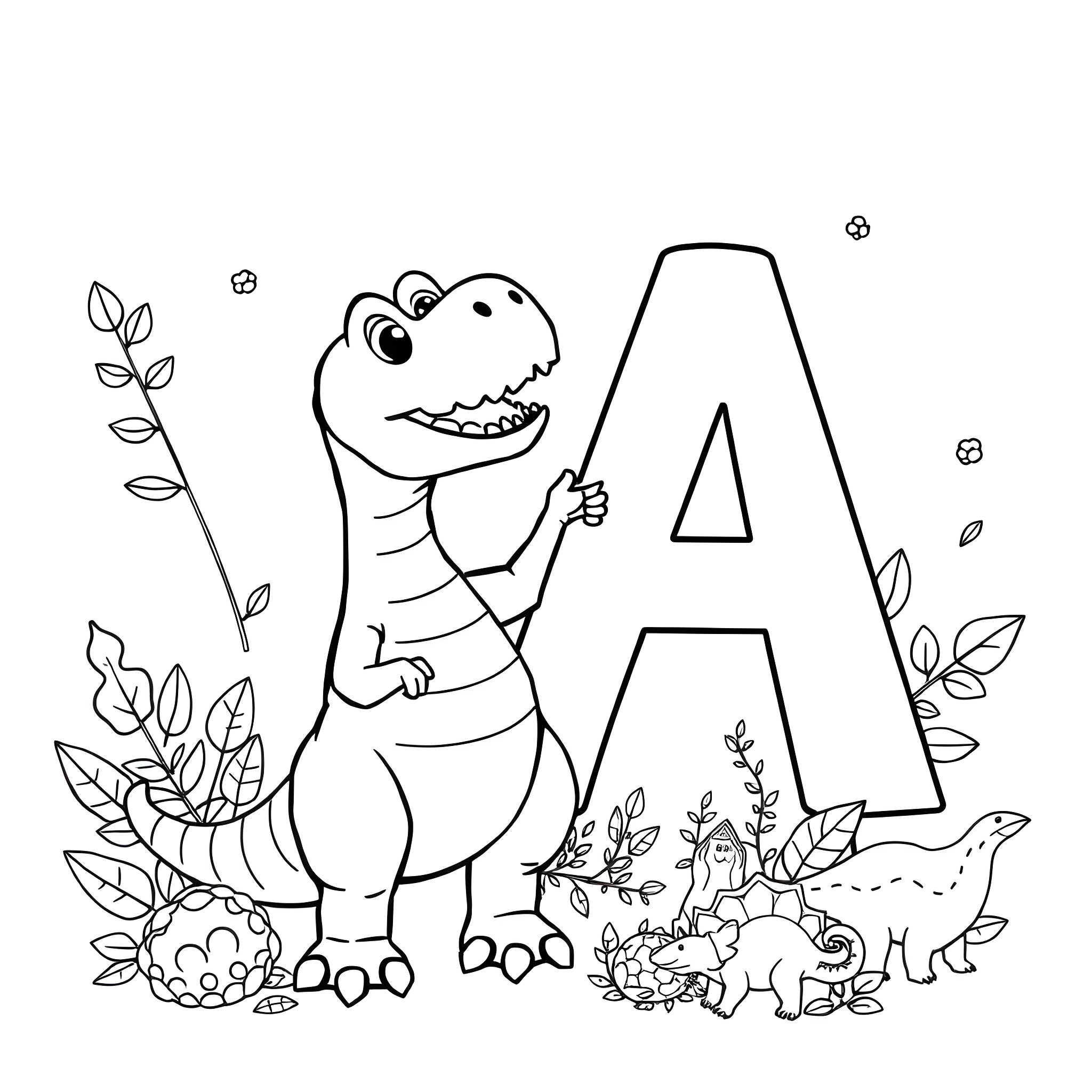 Dinosaur Friends in the Enchanted Forest Coloring Page (free black-and-white line drawing printable PDF for all, from beginners to advanced learners, including children, teens, adults, and seniors)