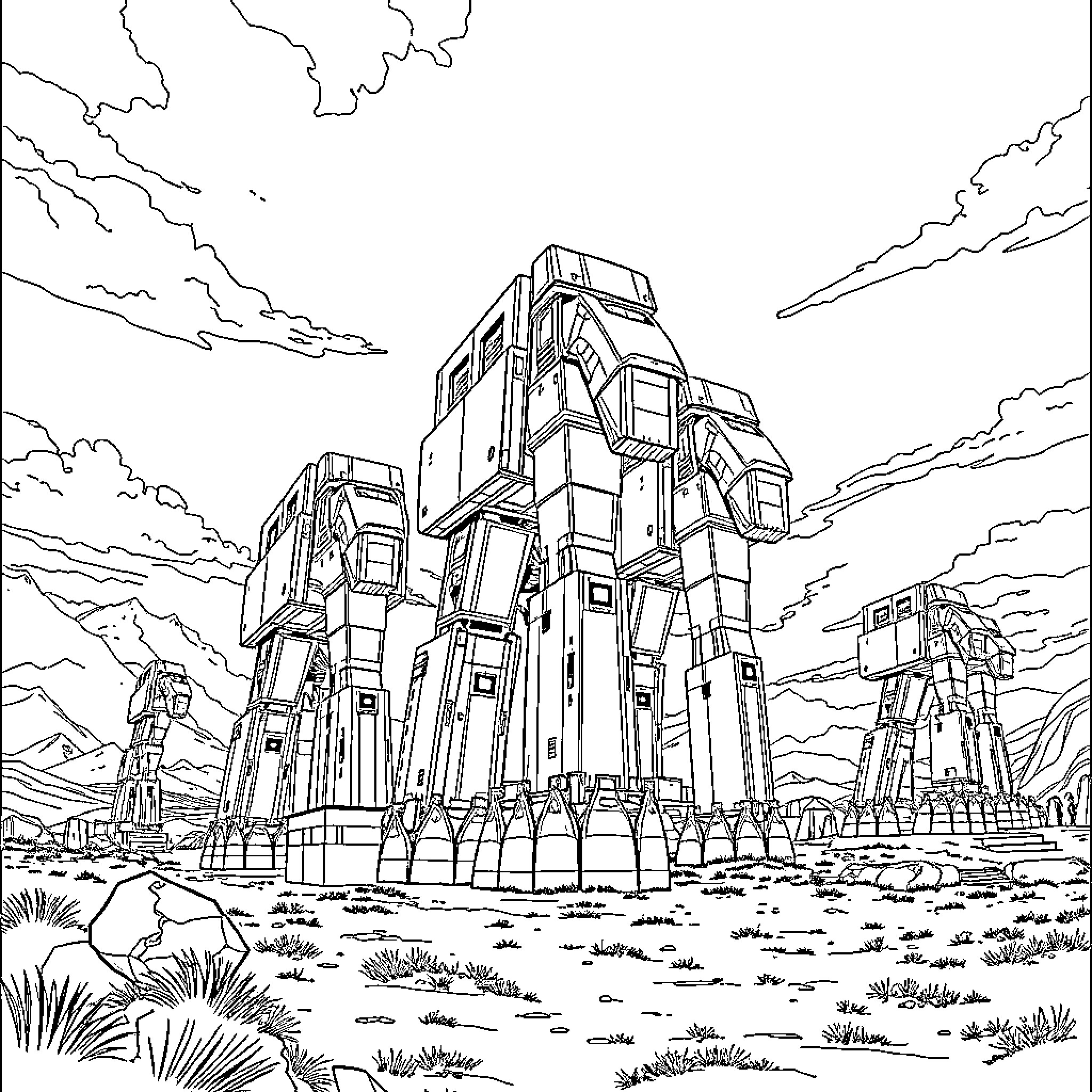 Colossus of Mechanical Wonders Dominating the Landscape Coloring Page (free black-and-white line drawing printable PDF for all, from beginners to advanced learners, including children, teens, adults, and seniors)