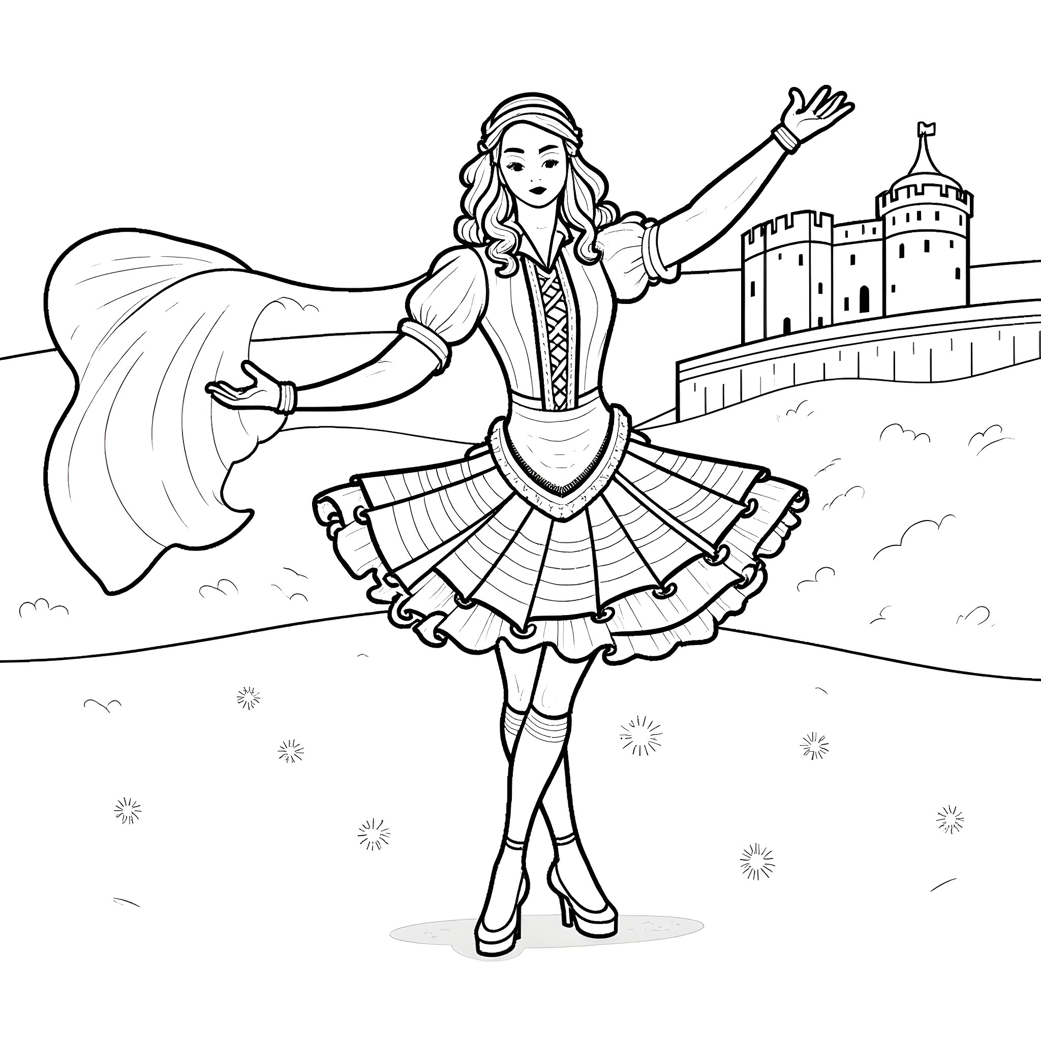 Dancer performing joyful routine in medieval setting Coloring Page (free black-and-white line drawing printable PDF for all, from beginners to advanced learners, including children, teens, adults, and seniors)