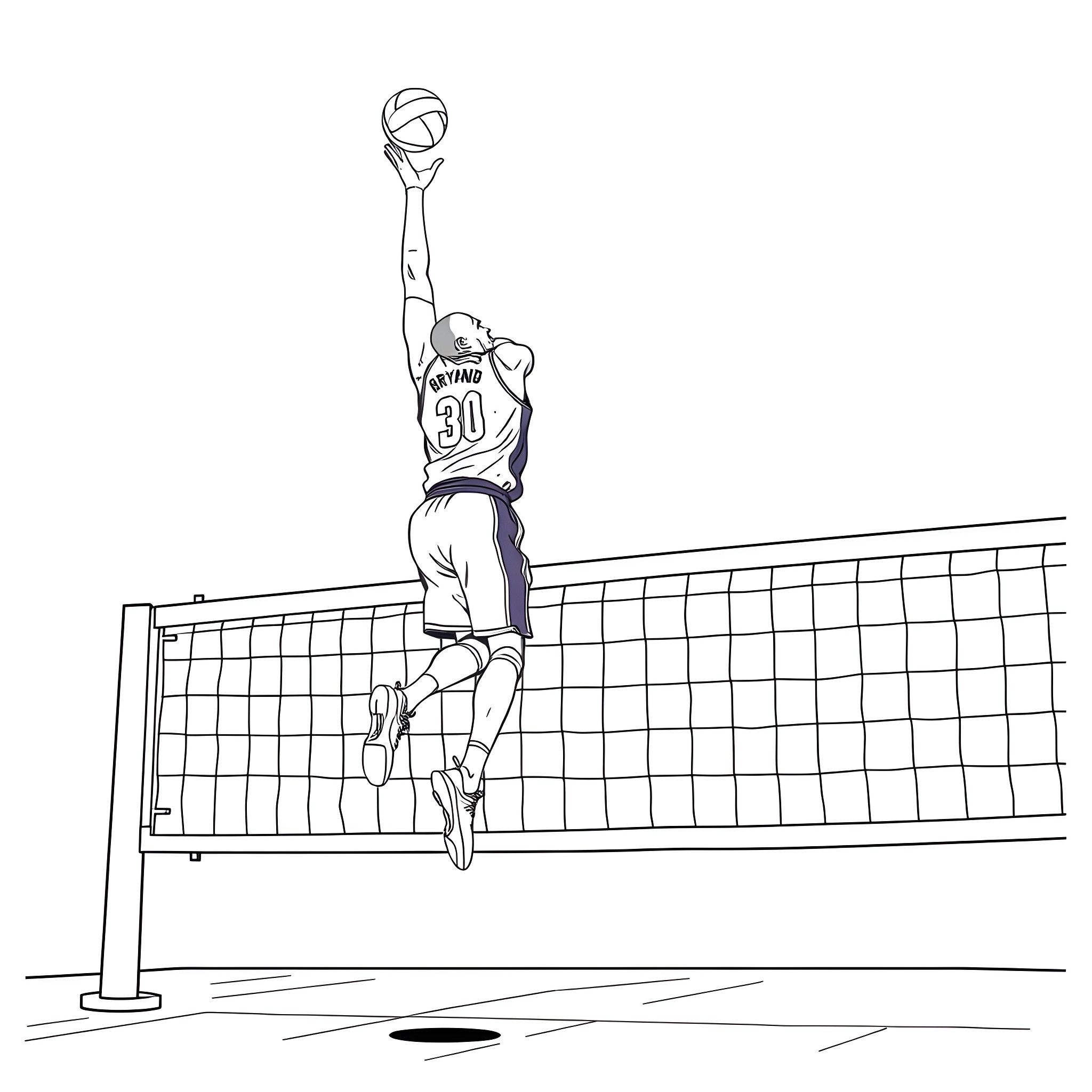 Kobe Bryant slamming a basketball on the court Coloring Page (free black-and-white line drawing printable PDF for all, from beginners to advanced learners, including children, teens, adults, and seniors)