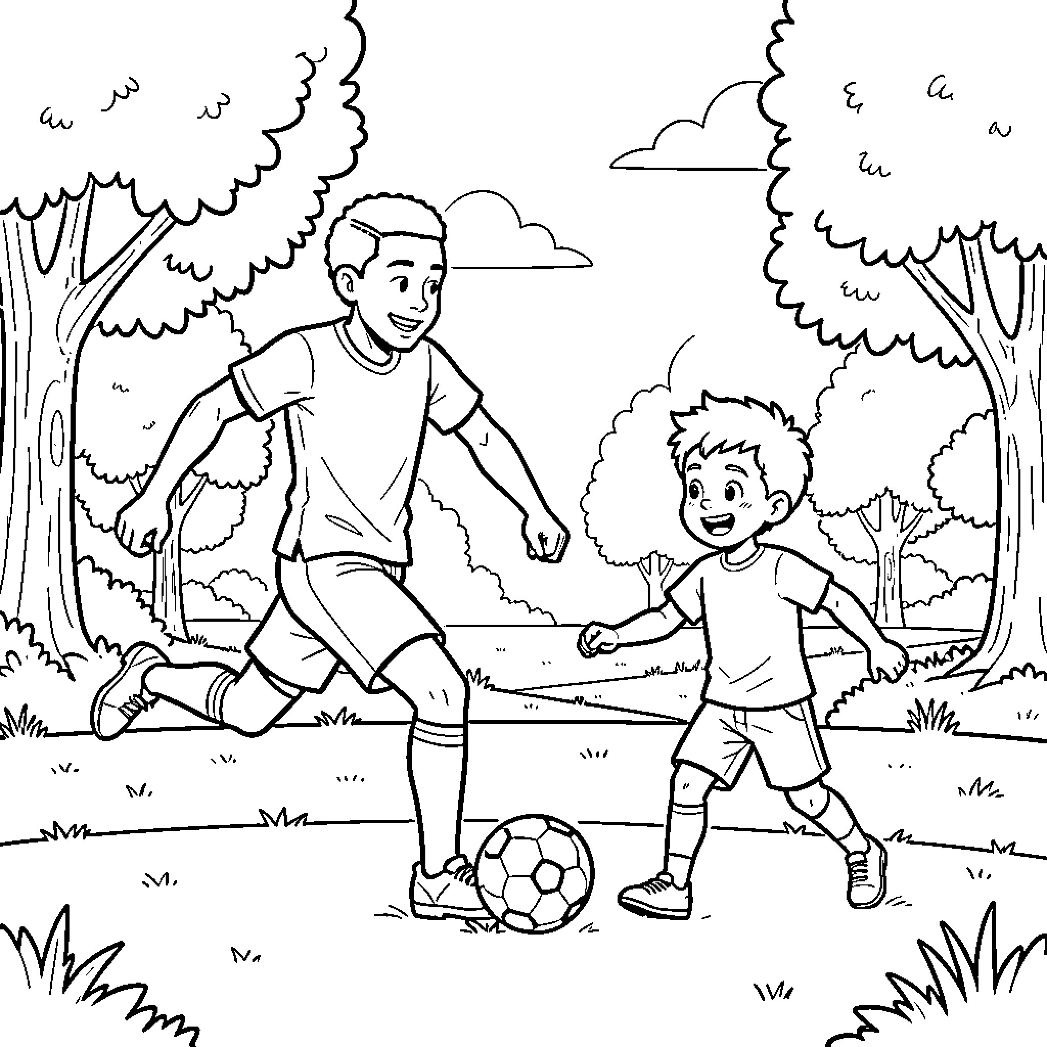 Mbappe playing soccer with a young boy in a park Coloring Page (free black-and-white line drawing printable PDF for all, from beginners to advanced learners, including children, teens, adults, and seniors)