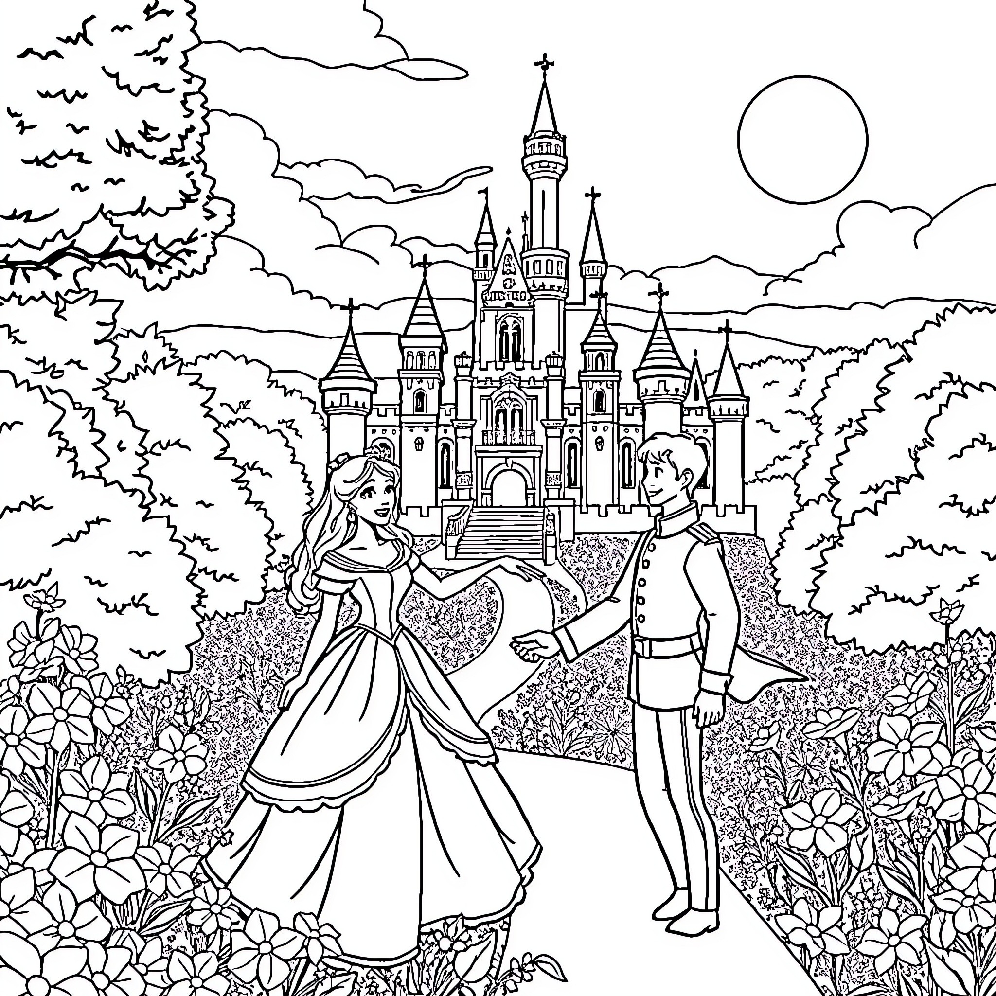 Château of fairy tale characters in enchanting landscape Coloring Page (free black-and-white line drawing printable PDF for all, from beginners to advanced learners, including children, teens, adults, and seniors)