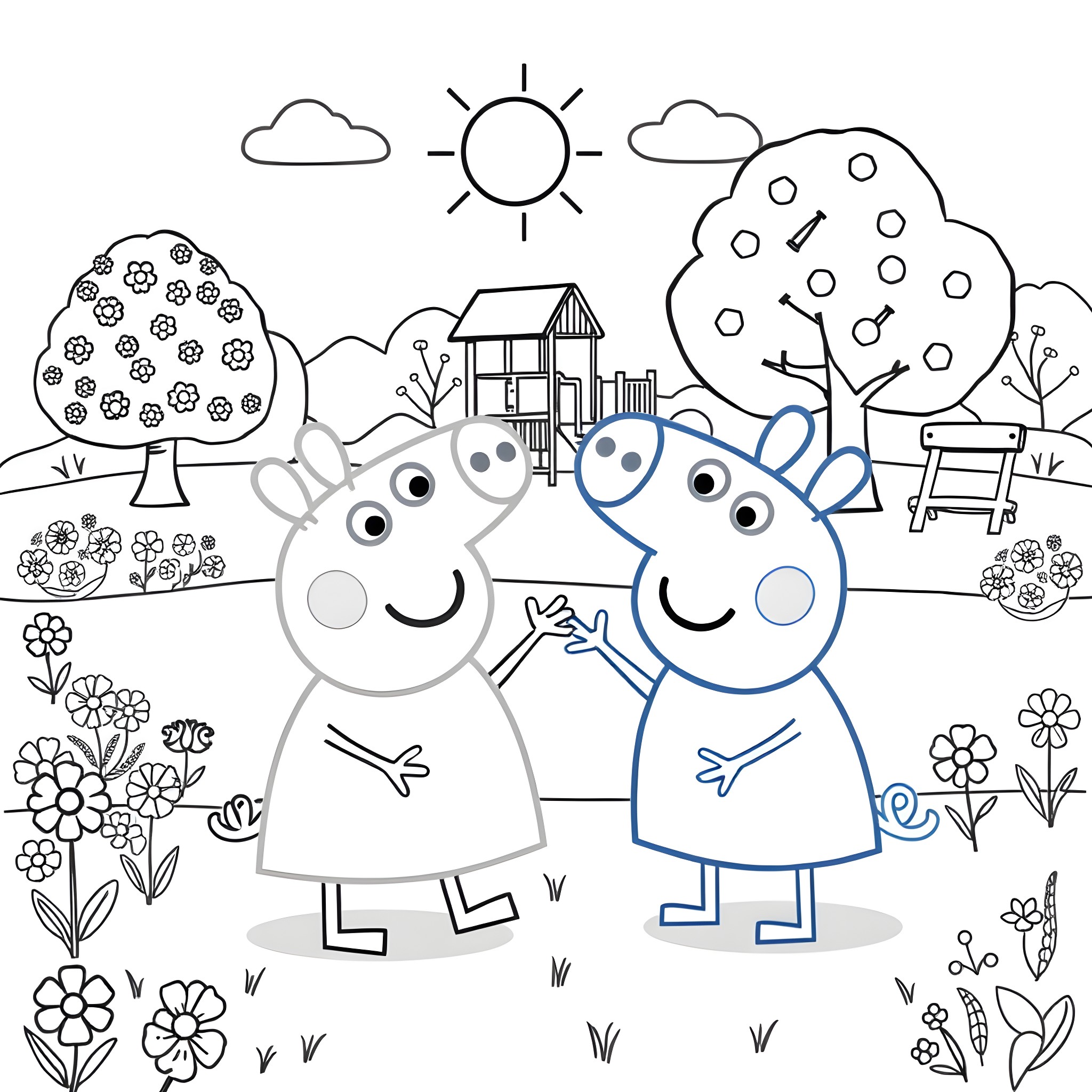 Peppa Pig characters playing in a flowery outdoor scene Coloring Page (free black-and-white line drawing printable PDF for all, from beginners to advanced learners, including children, teens, adults, and seniors)