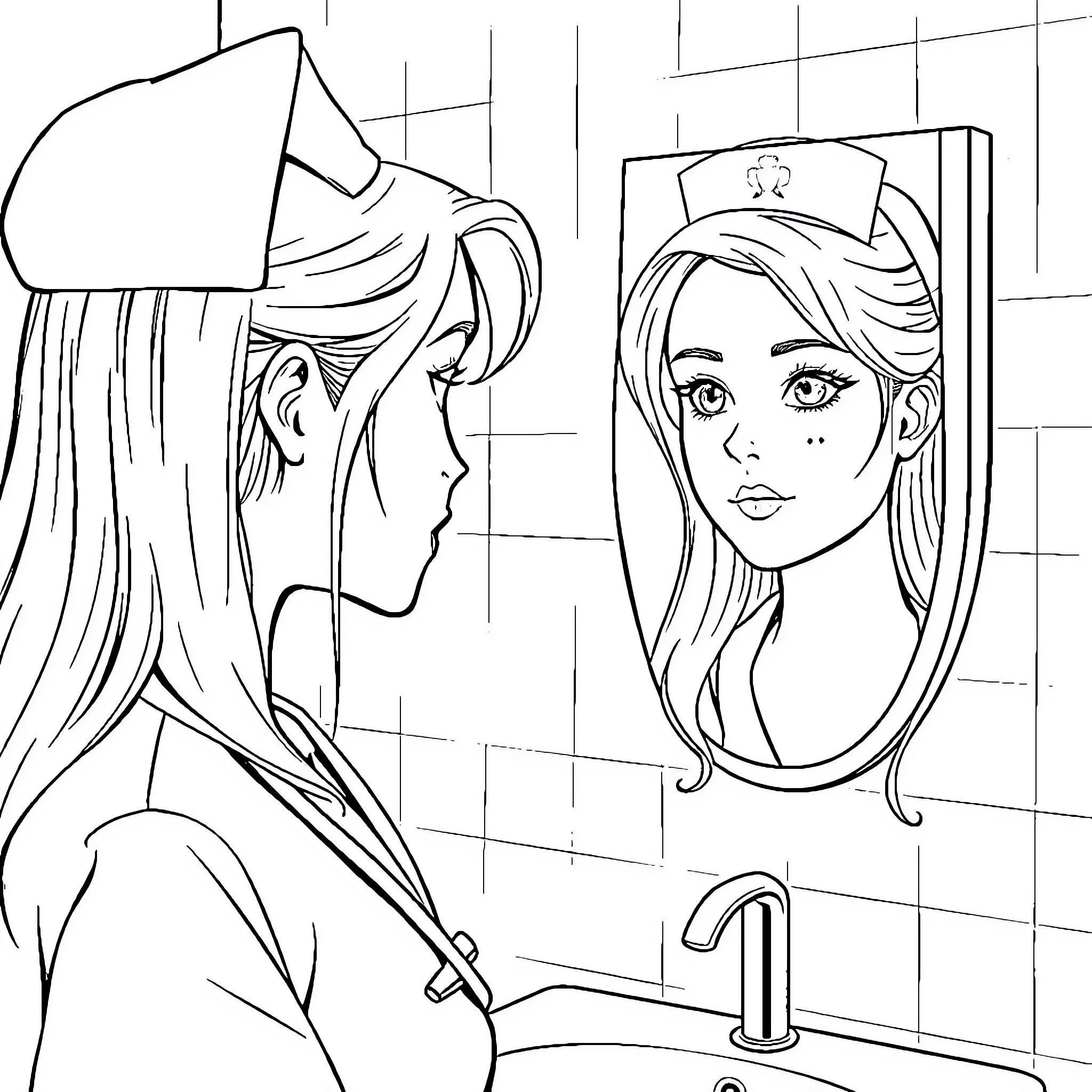 Nurse Tending to Patient in Bathroom Coloring Page (free black-and-white line drawing printable PDF for all, from beginners to advanced learners, including children, teens, adults, and seniors)