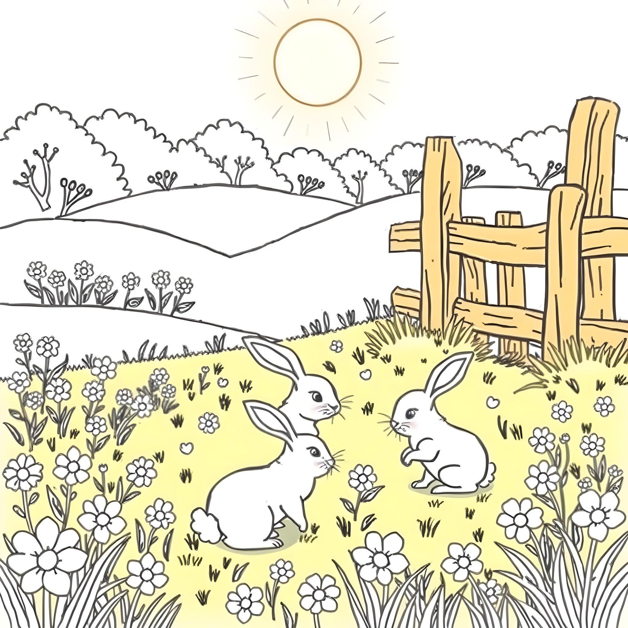 Rabbit Family Enjoying the Sunny Field Coloring Page (free black-and-white line drawing printable PDF for all, from beginners to advanced learners, including children, teens, adults, and seniors)