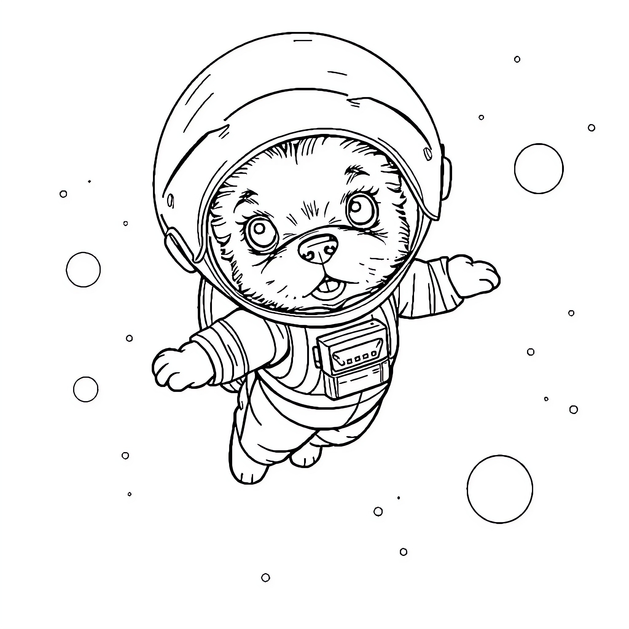 Puppy astronaut exploring the cosmos Coloring Page (free black-and-white line drawing printable PDF for all, from beginners to advanced learners, including children, teens, adults, and seniors)