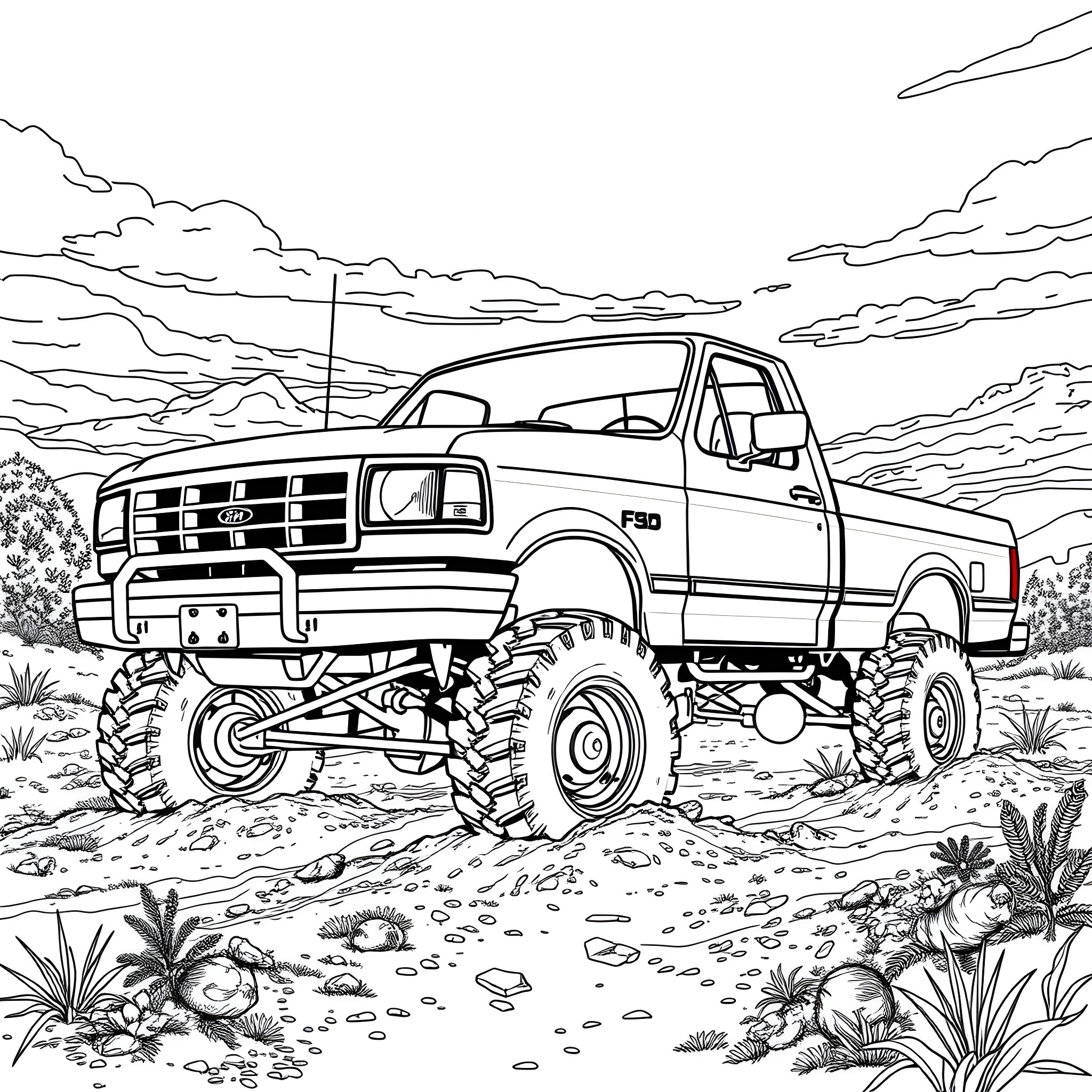 F350 Monster Truck Navigating Rugged Terrain Coloring Page (free black-and-white line drawing printable PDF for all, from beginners to advanced learners, including children, teens, adults, and seniors)