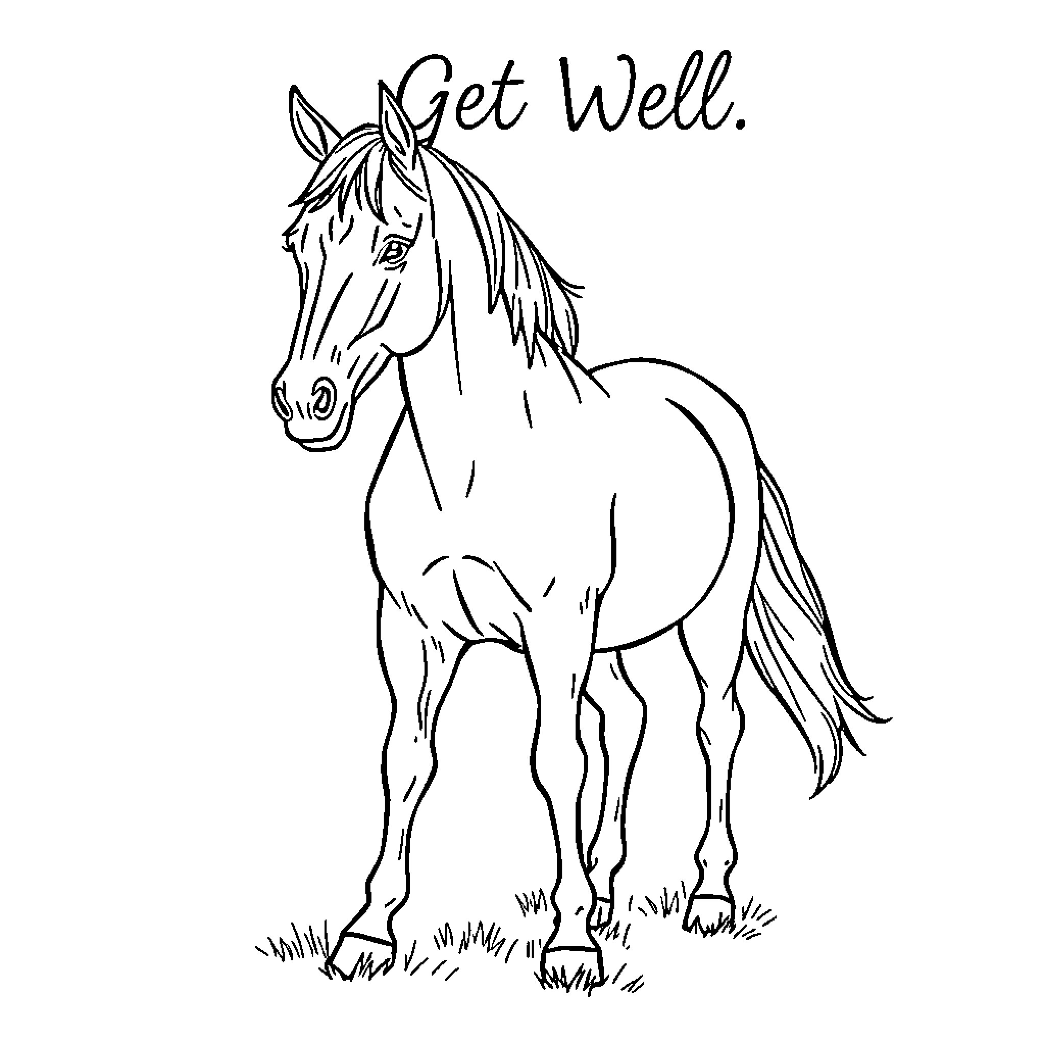 Horse offering a get well message Coloring Page (free black-and-white line drawing printable PDF for all, from beginners to advanced learners, including children, teens, adults, and seniors)