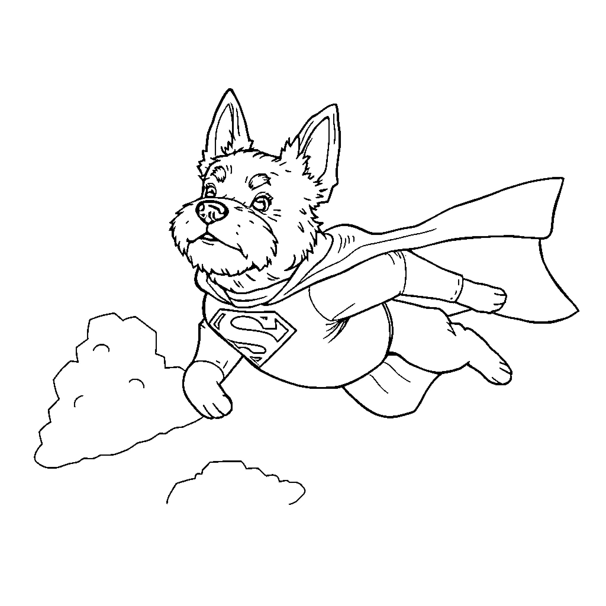 Superman Dog heroically flying through the sky Coloring Page (free black-and-white line drawing printable PDF for all, from beginners to advanced learners, including children, teens, adults, and seniors)