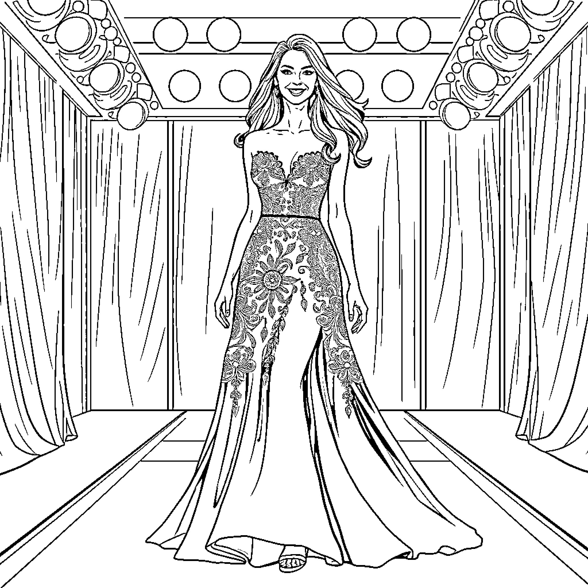 Dress for an elegant stage performance Coloring Page (free black-and-white line drawing printable PDF for all, from beginners to advanced learners, including children, teens, adults, and seniors)