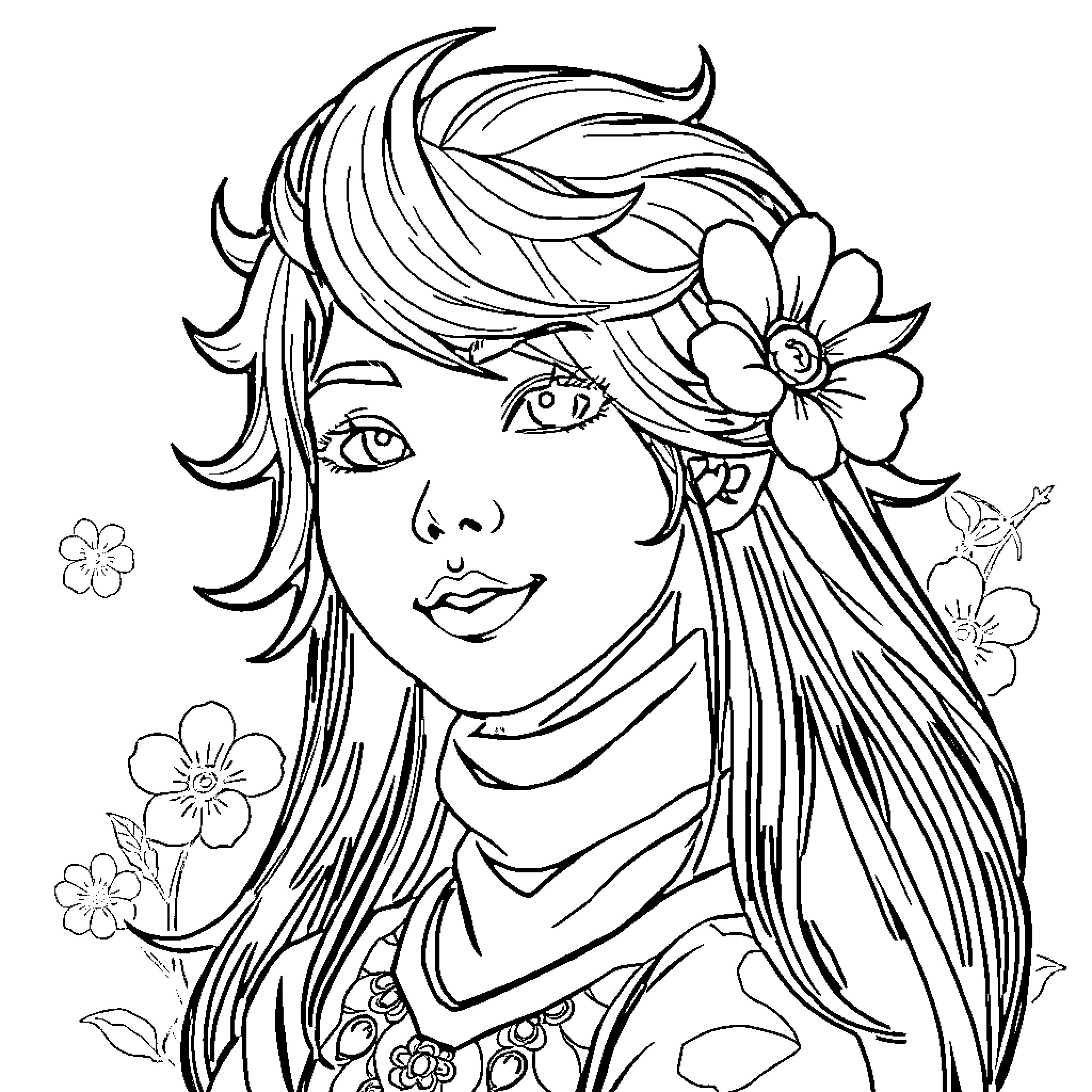 Orang-utan with floral headdress and ornate clothing Coloring Page (free black-and-white line drawing printable PDF for all, from beginners to advanced learners, including children, teens, adults, and seniors)