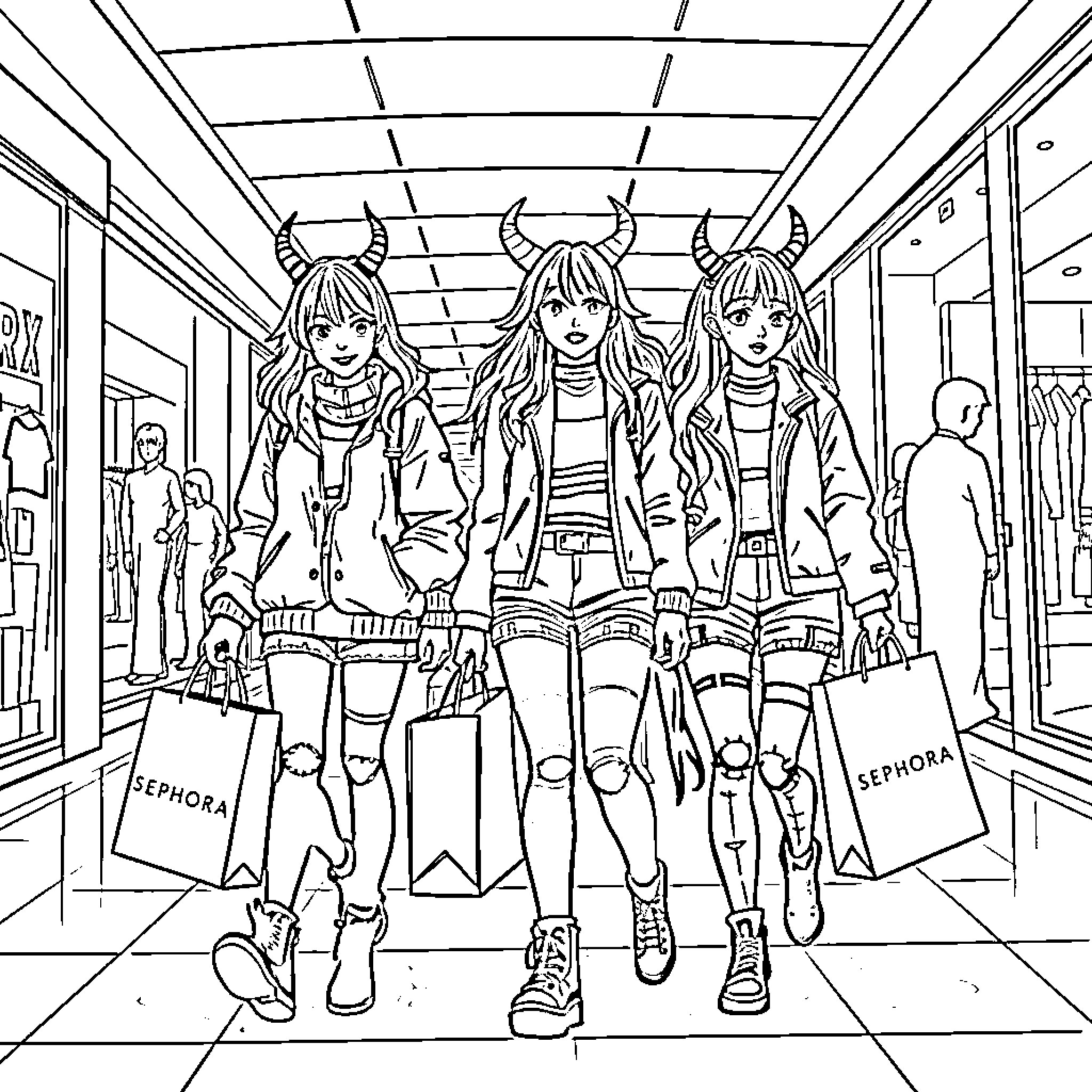 K-POP Demon Hunter Girls Shopping in Mall Coloring Page (free black-and-white line drawing printable PDF for all, from beginners to advanced learners, including children, teens, adults, and seniors)