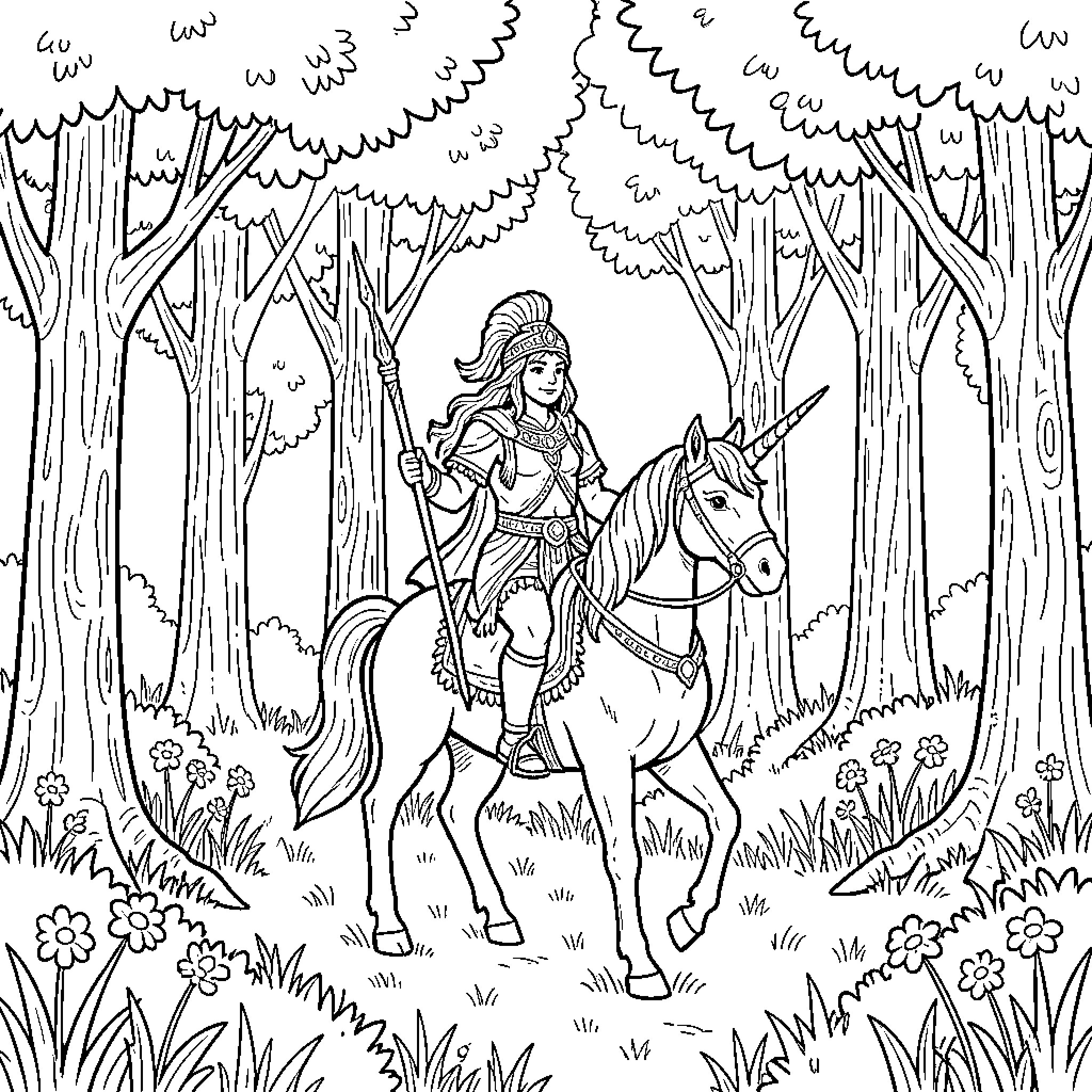 Chango warrior riding a unicorn through the forest Coloring Page (free black-and-white line drawing printable PDF for all, from beginners to advanced learners, including children, teens, adults, and seniors)