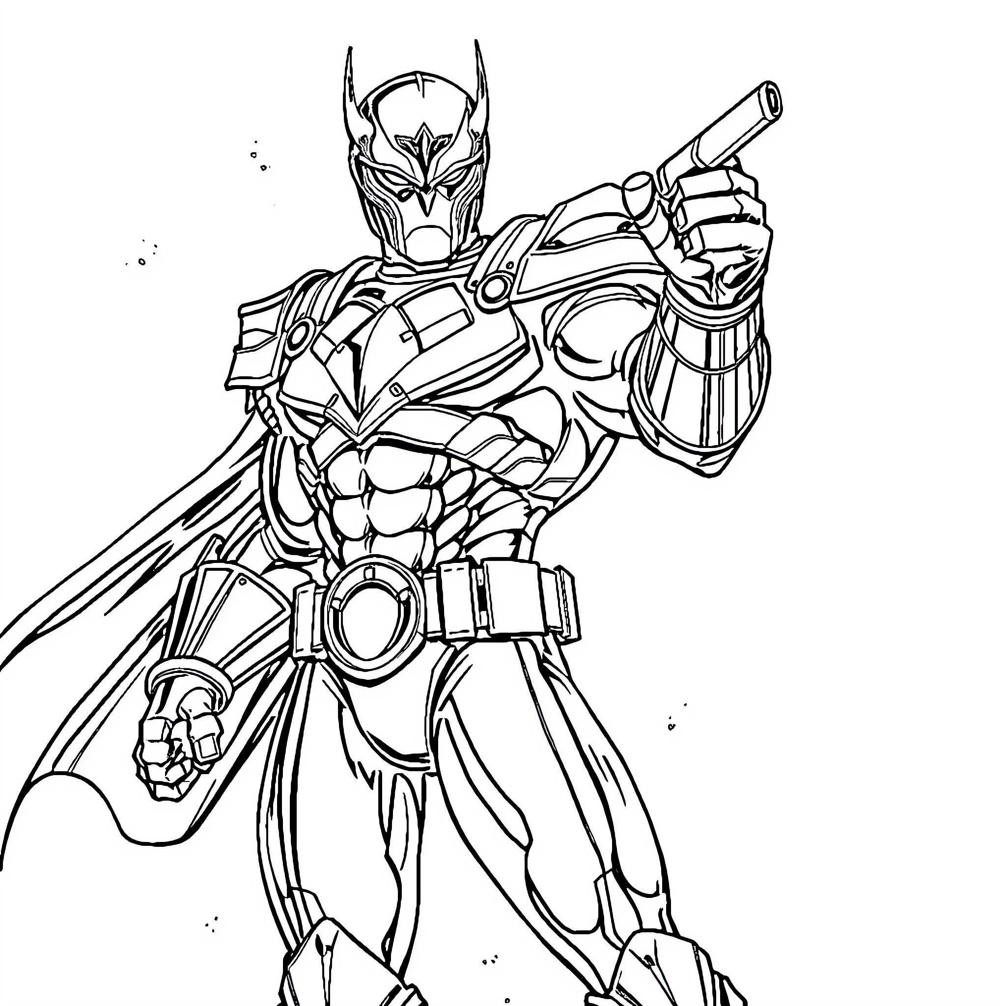 Guyver: Futuristic Armored Hero in Action Coloring Page (free black-and-white line drawing printable PDF for all, from beginners to advanced learners, including children, teens, adults, and seniors)