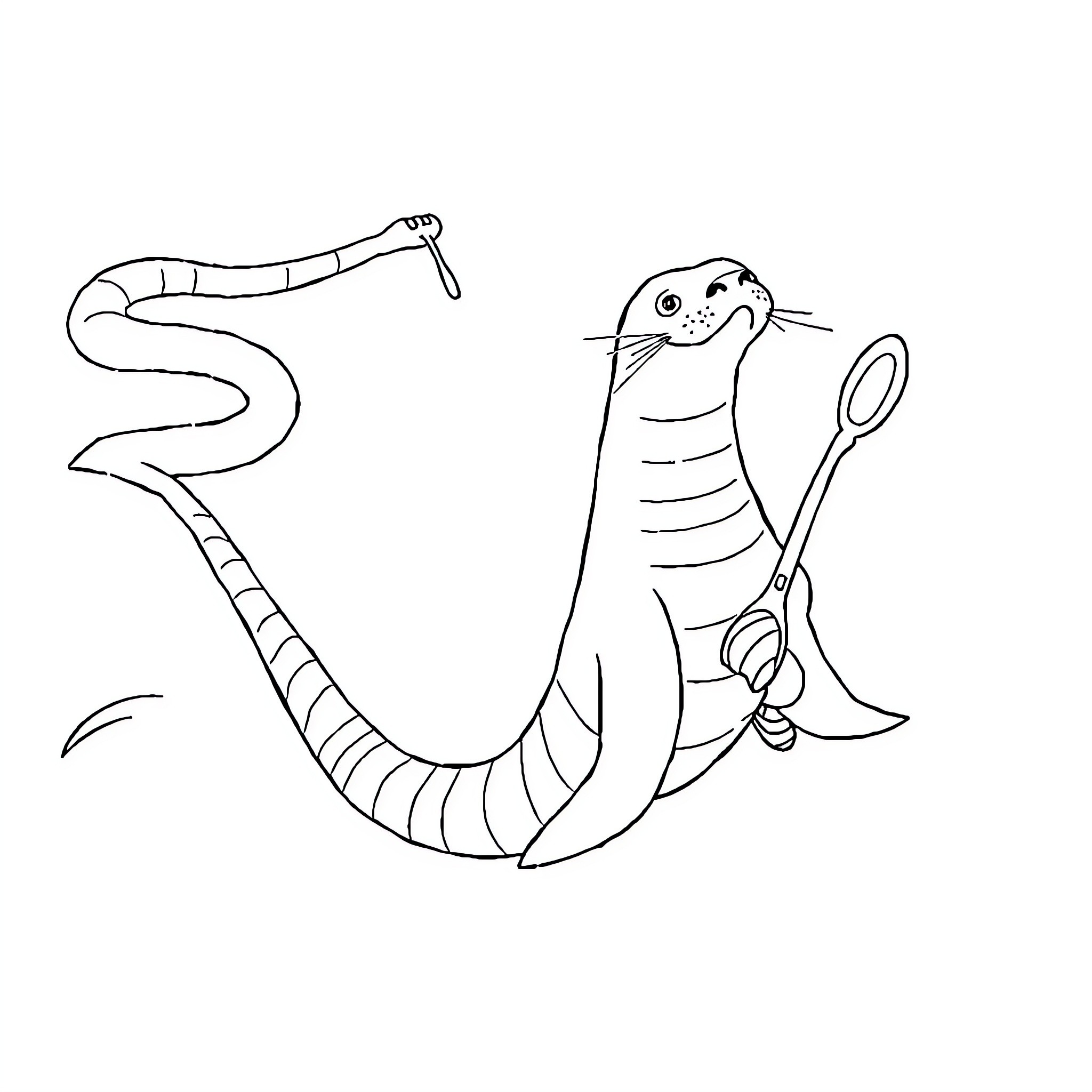 Snake using tools to construct something Coloring Page (free black-and-white line drawing printable PDF for all, from beginners to advanced learners, including children, teens, adults, and seniors)