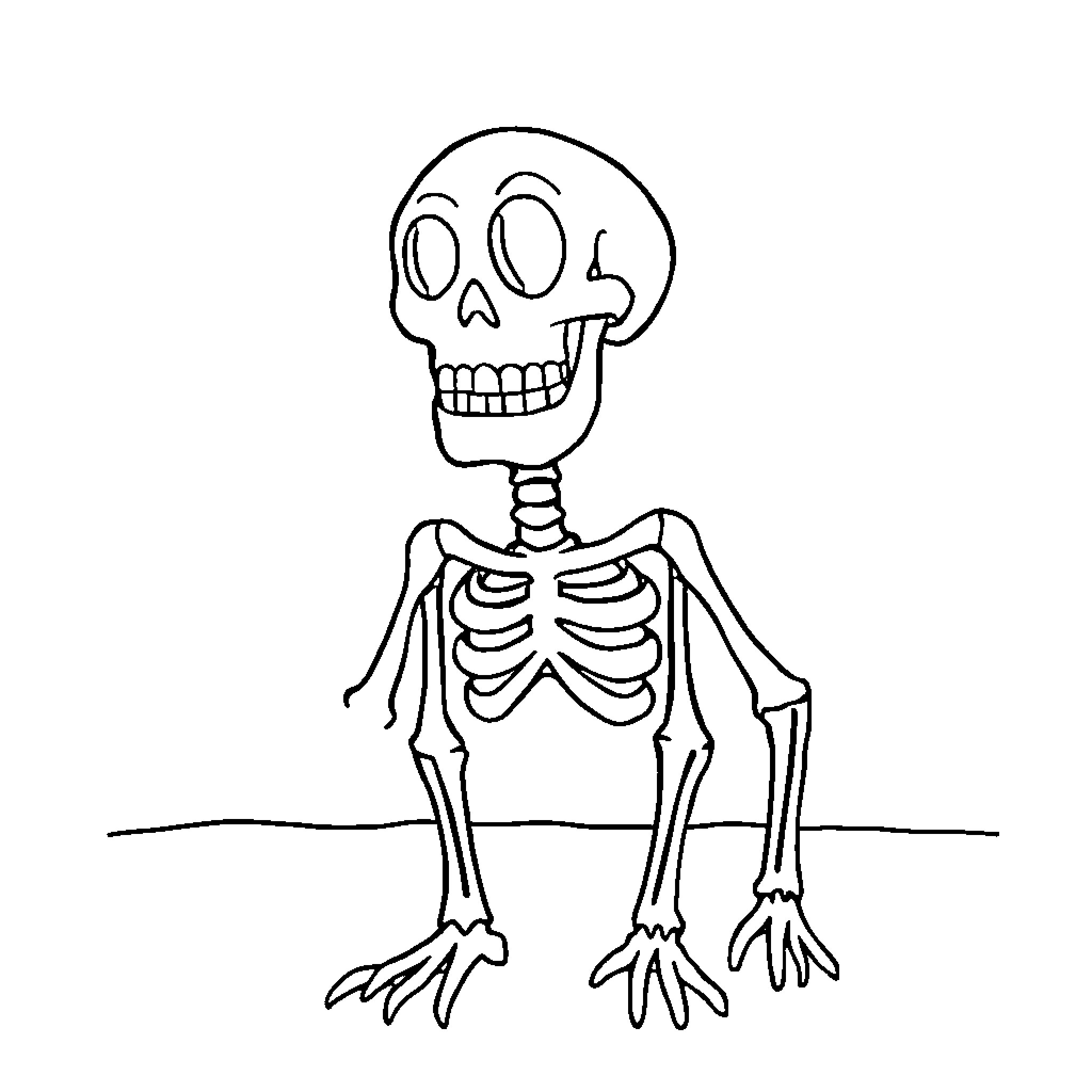 Skeleton with a Silly Expression Coloring Page (free black-and-white line drawing printable PDF for all, from beginners to advanced learners, including children, teens, adults, and seniors)