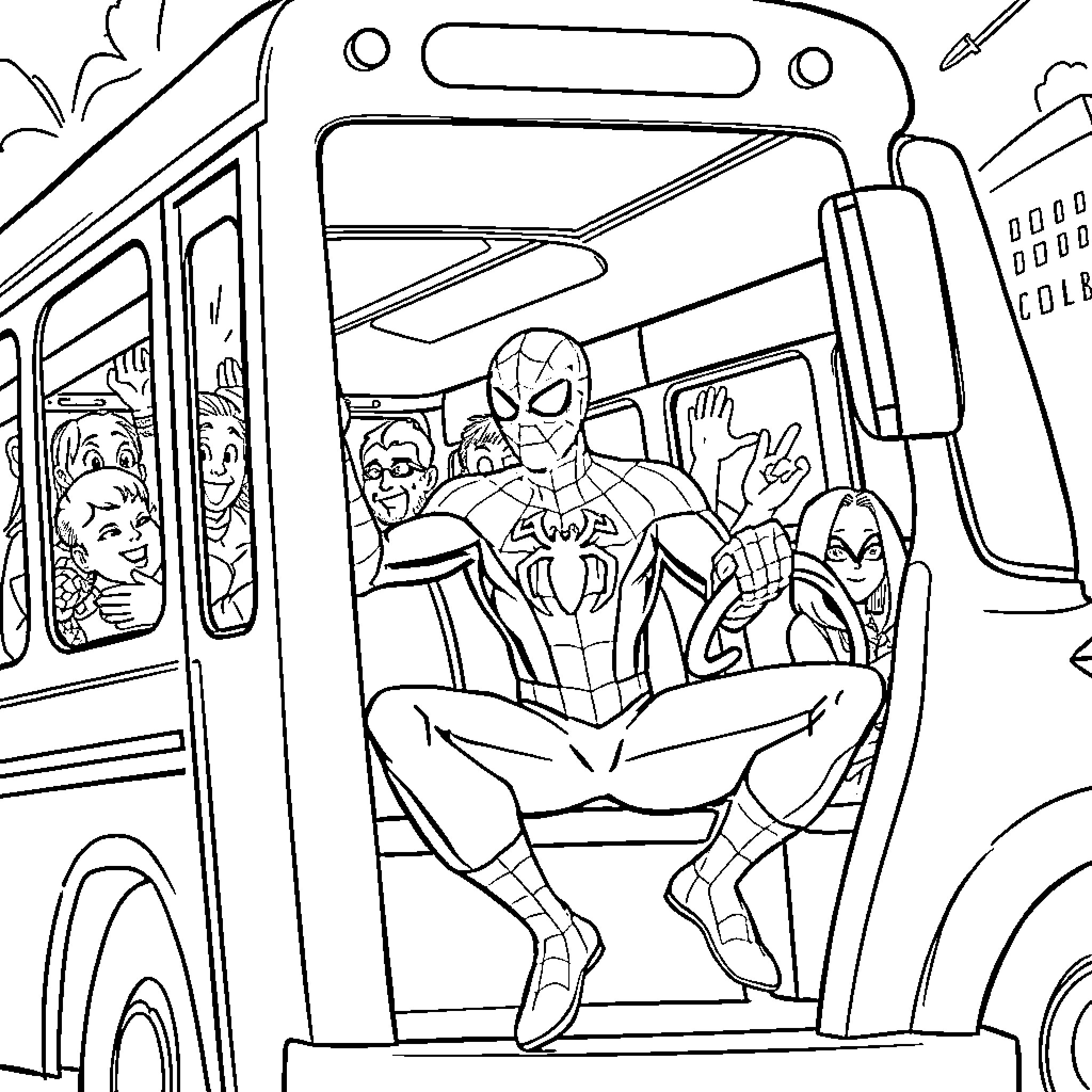 Spider-Man riding on a bus with passengers Coloring Page (free black-and-white line drawing printable PDF for all, from beginners to advanced learners, including children, teens, adults, and seniors)