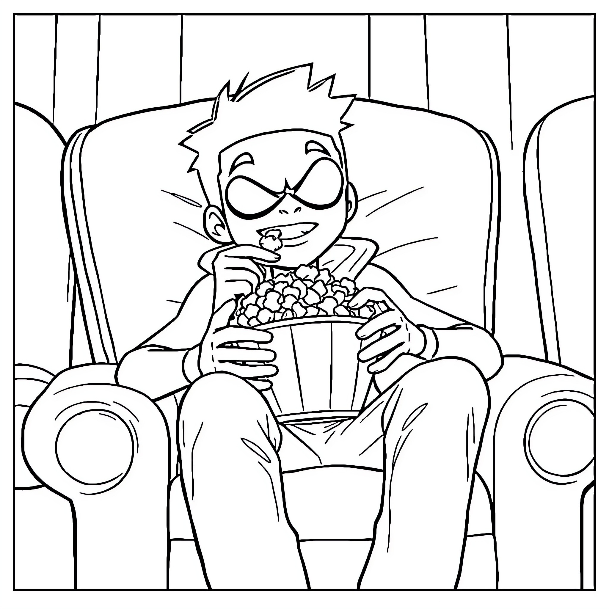 Miles Morales enjoying a snack while watching a movie Coloring Page (free black-and-white line drawing printable PDF for all, from beginners to advanced learners, including children, teens, adults, and seniors)