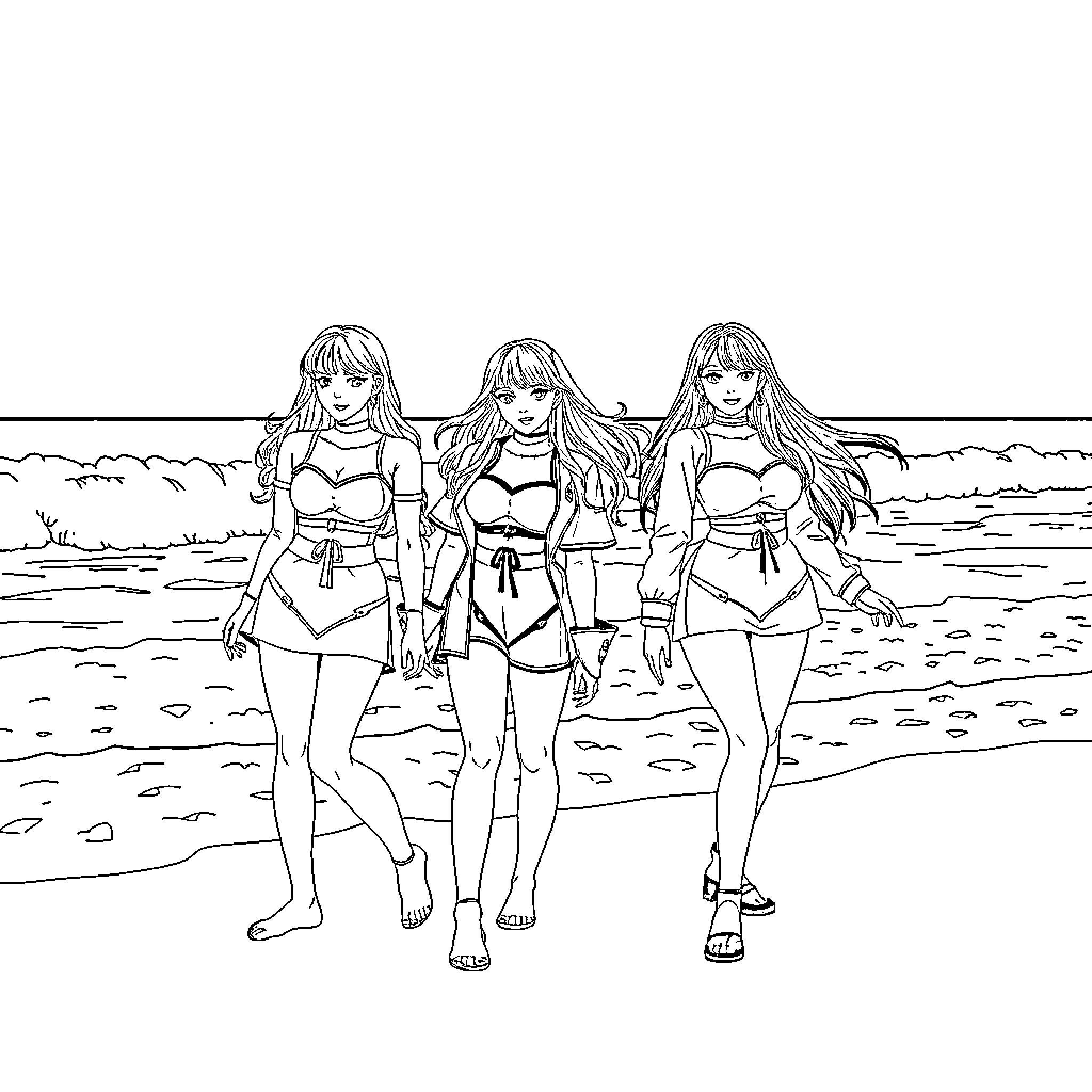 K-Pop Warriors in Fierce Beach Formation Coloring Page (free black-and-white line drawing printable PDF for all, from beginners to advanced learners, including children, teens, adults, and seniors)