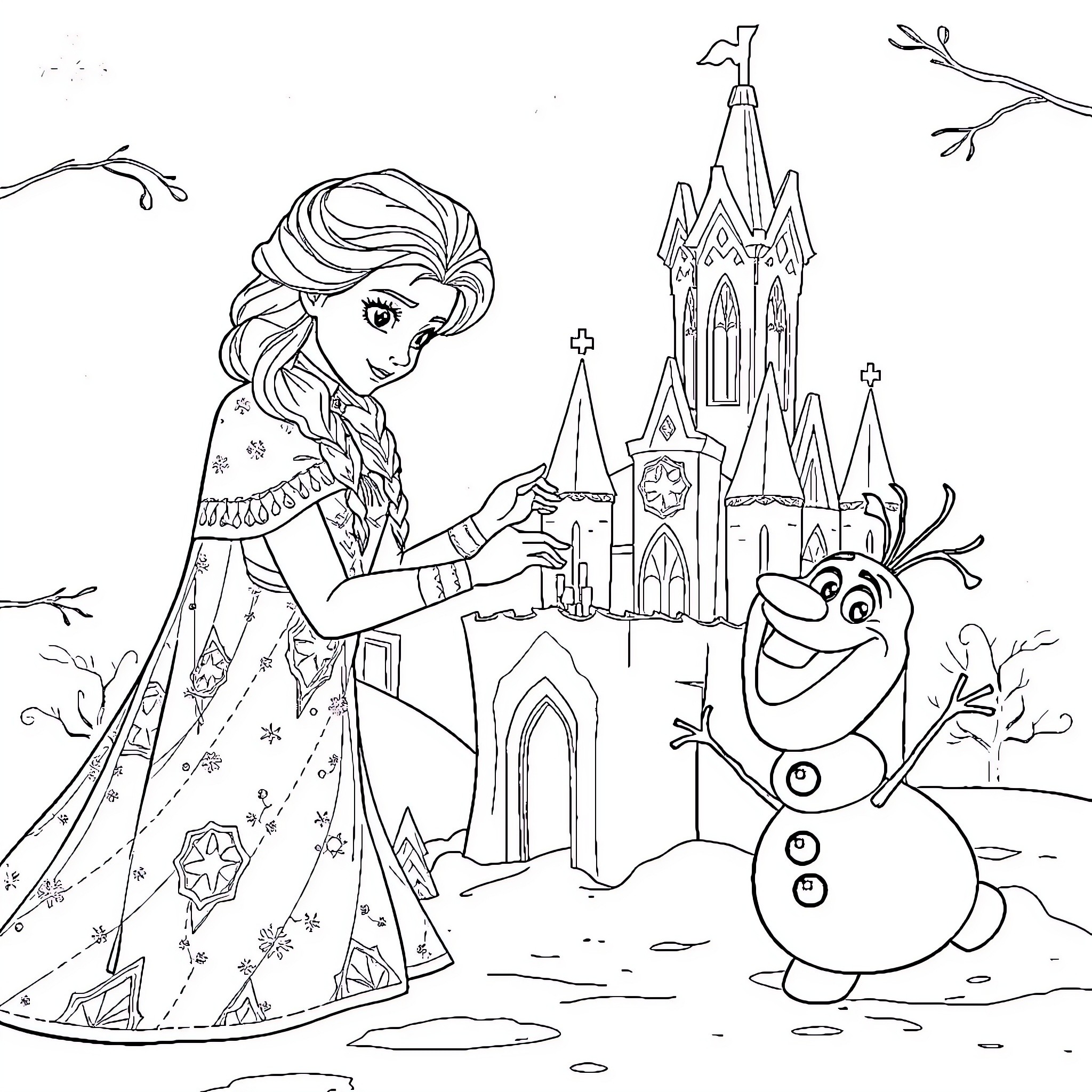 Elsa and Olaf exploring the enchanted castle Coloring Page (free black-and-white line drawing printable PDF for all, from beginners to advanced learners, including children, teens, adults, and seniors)