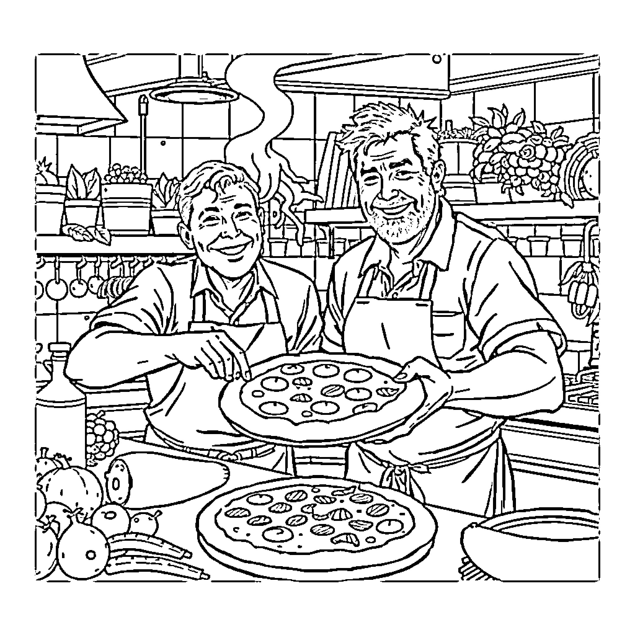 Josh Allen Serving Pizza with Coworker in Kitchen Coloring Page (free black-and-white line drawing printable PDF for all, from beginners to advanced learners, including children, teens, adults, and seniors)