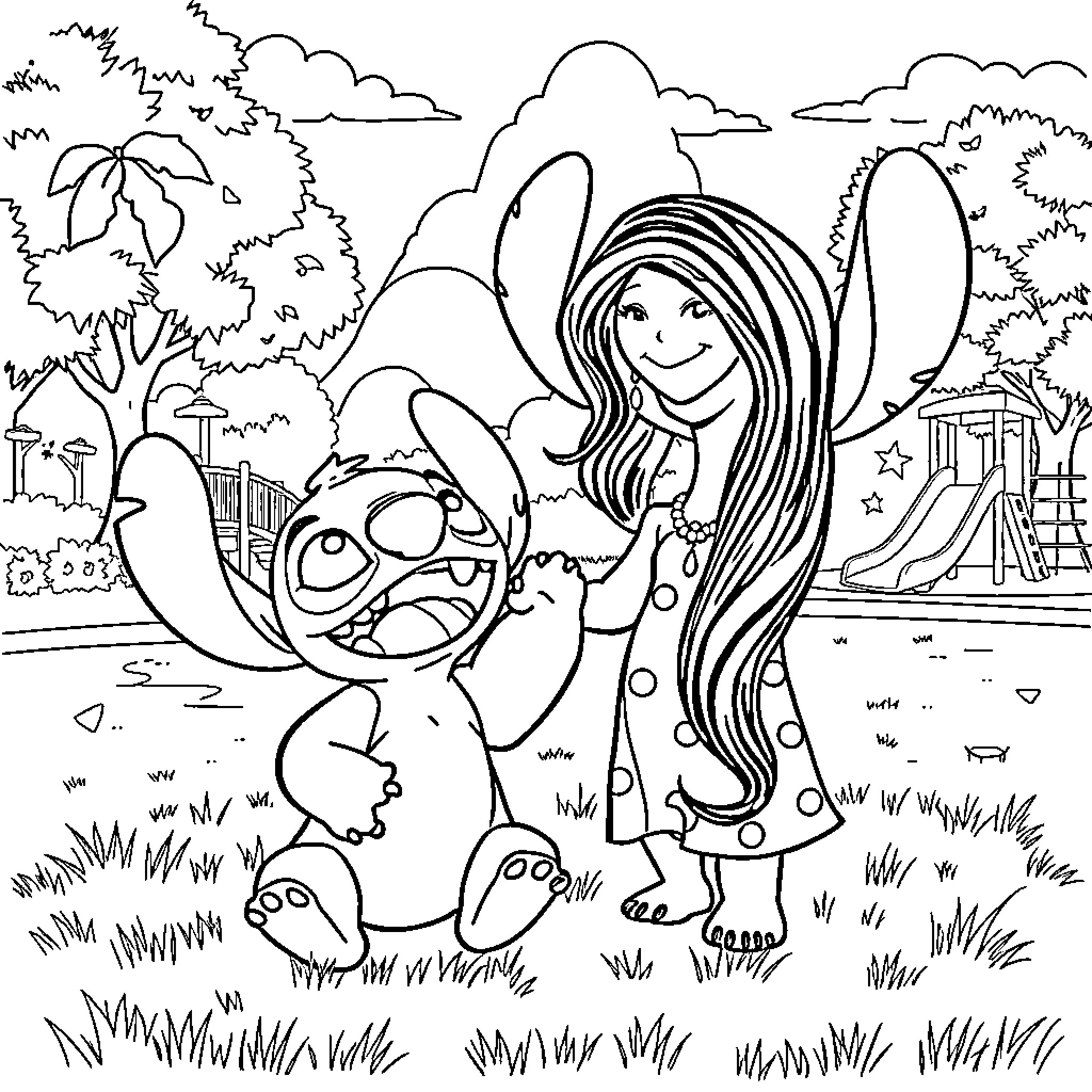 Lilo And Stitch playing together in the park Coloring Page (free black-and-white line drawing printable PDF for all, from beginners to advanced learners, including children, teens, adults, and seniors)