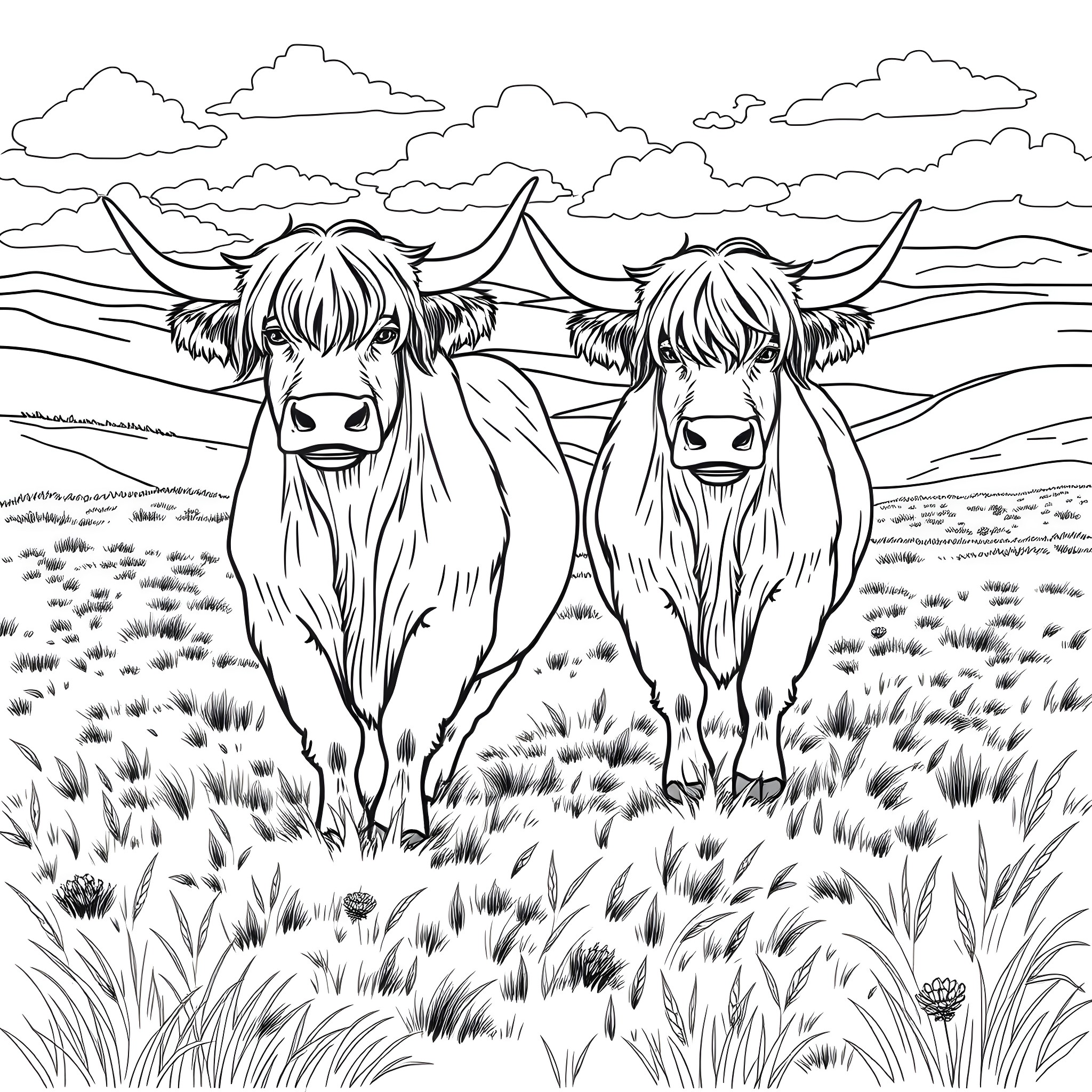 Highland Cows Grazing in the Meadow Coloring Page (free black-and-white line drawing printable PDF for all, from beginners to advanced learners, including children, teens, adults, and seniors)