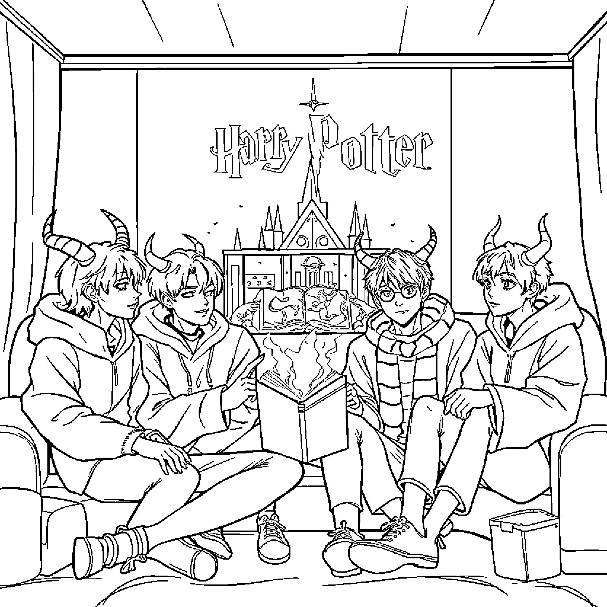 Kpop Demon Hunter Students Enjoy Reading Harry Potter Coloring Page (free black-and-white line drawing printable PDF for all, from beginners to advanced learners, including children, teens, adults, and seniors)