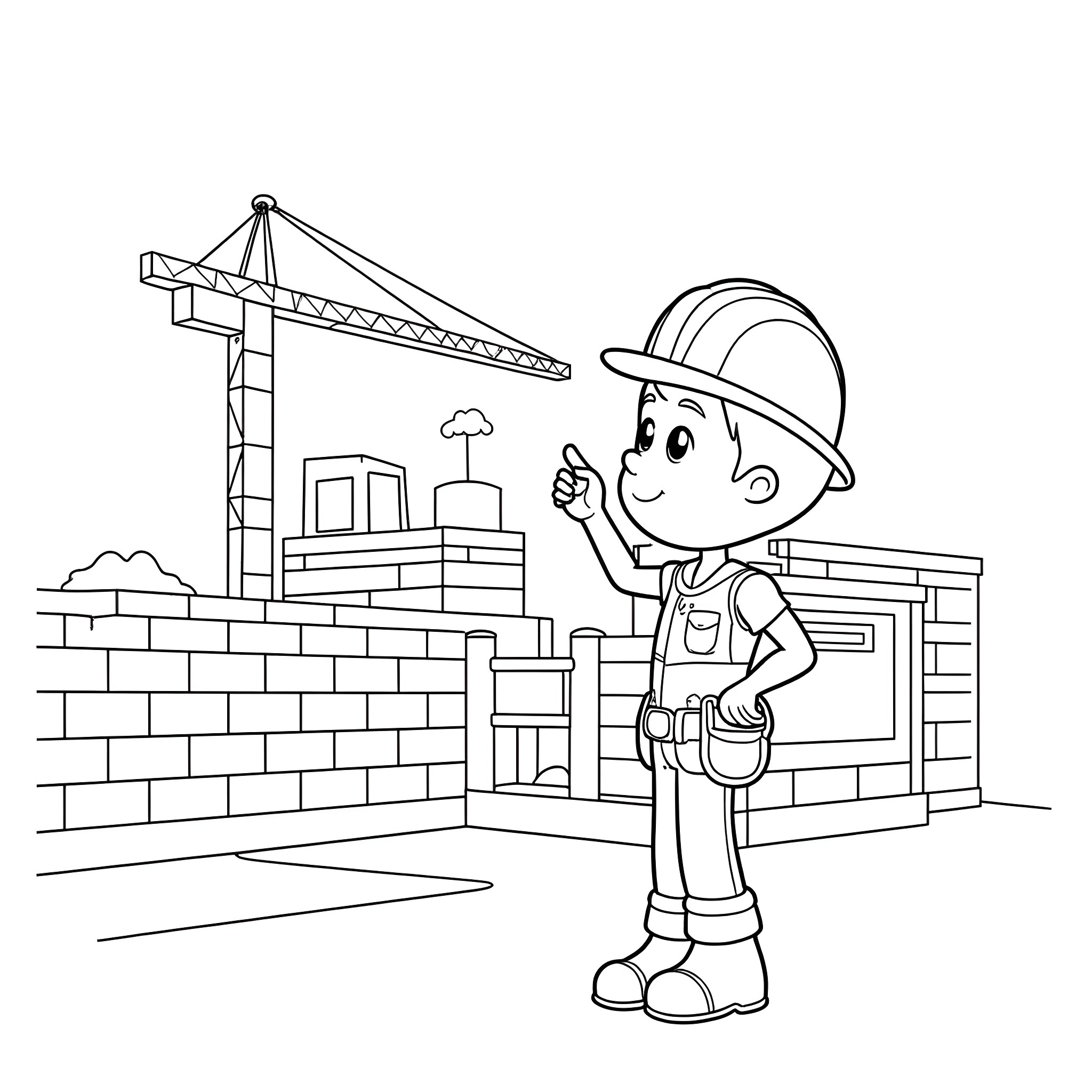 Bob the Builder working on a construction site Coloring Page (free black-and-white line drawing printable PDF for all, from beginners to advanced learners, including children, teens, adults, and seniors)