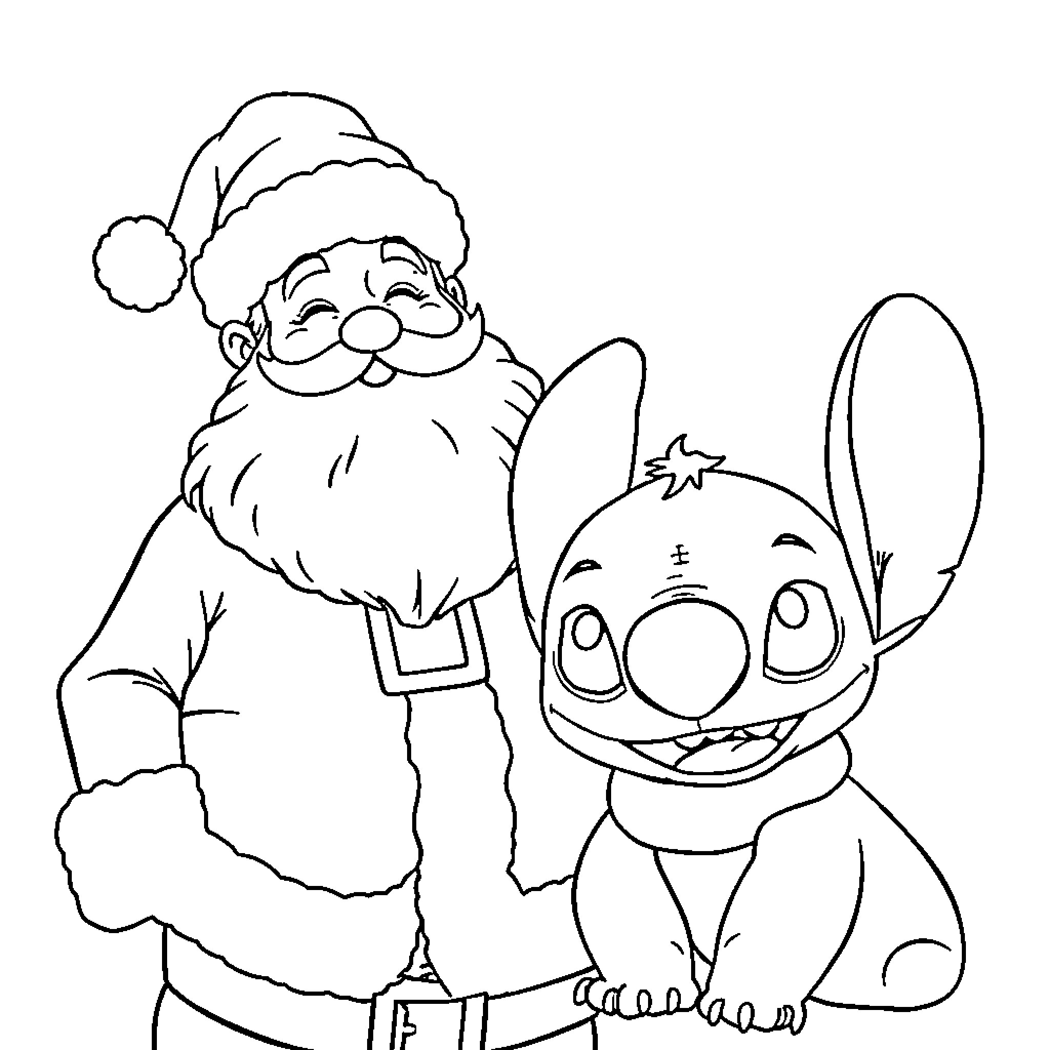Santa and Stitch's Merry Encounter Coloring Page (free black-and-white line drawing printable PDF for all, from beginners to advanced learners, including children, teens, adults, and seniors)