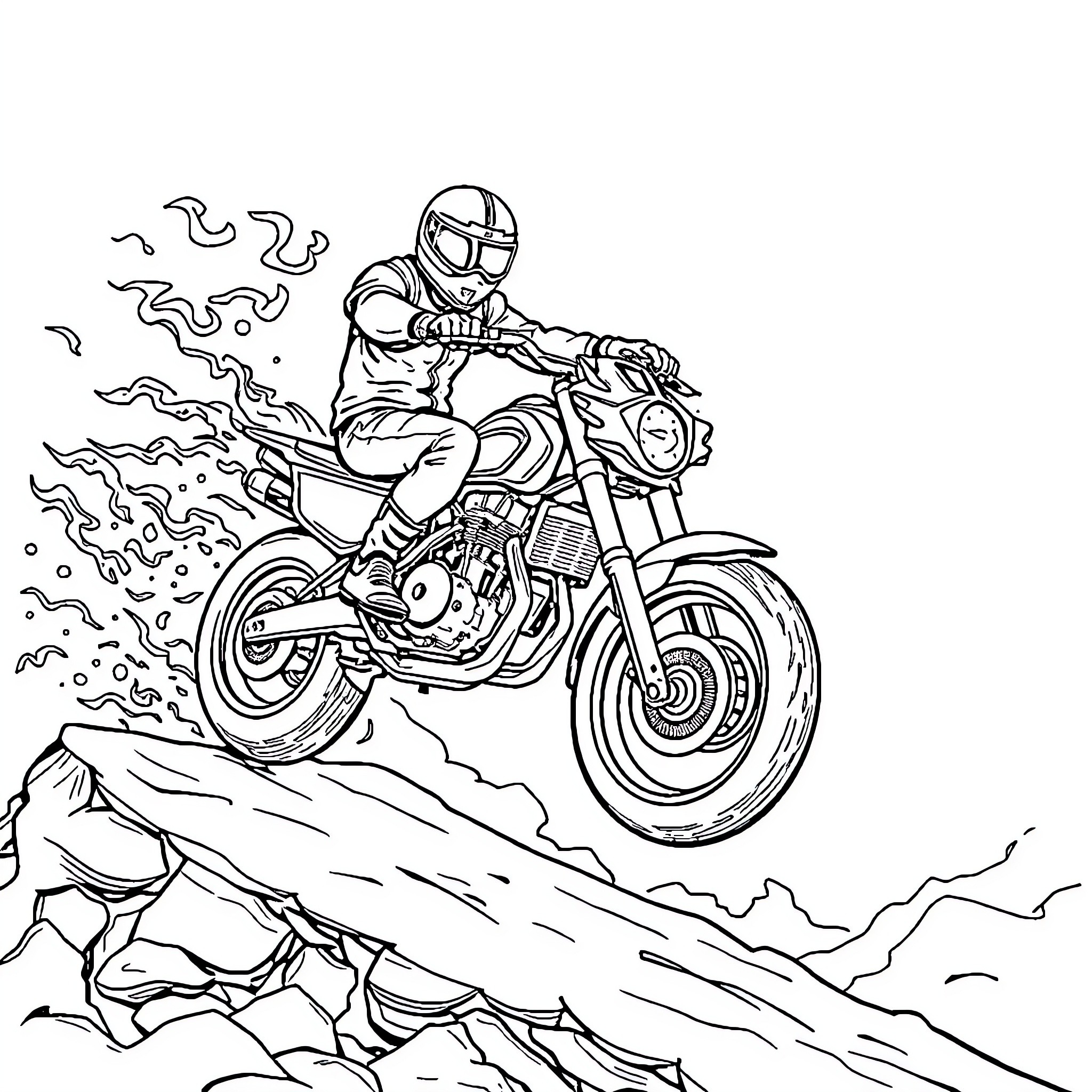 Motorbike rider traversing rugged terrain Coloring Page (free black-and-white line drawing printable PDF for all, from beginners to advanced learners, including children, teens, adults, and seniors)