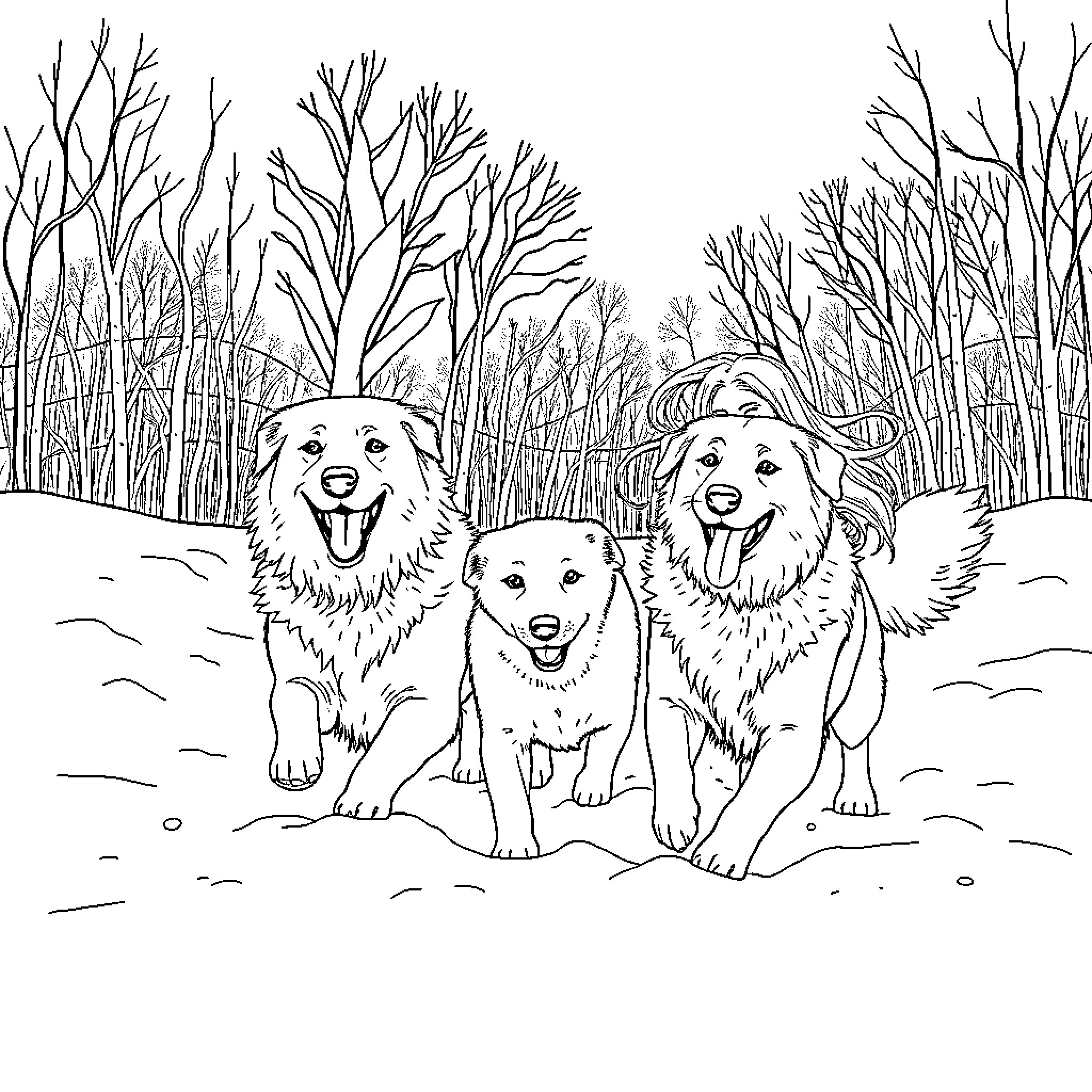 Great Pyrenees dogs playing joyfully in the snowy forest Coloring Page (free black-and-white line drawing printable PDF for all, from beginners to advanced learners, including children, teens, adults, and seniors)
