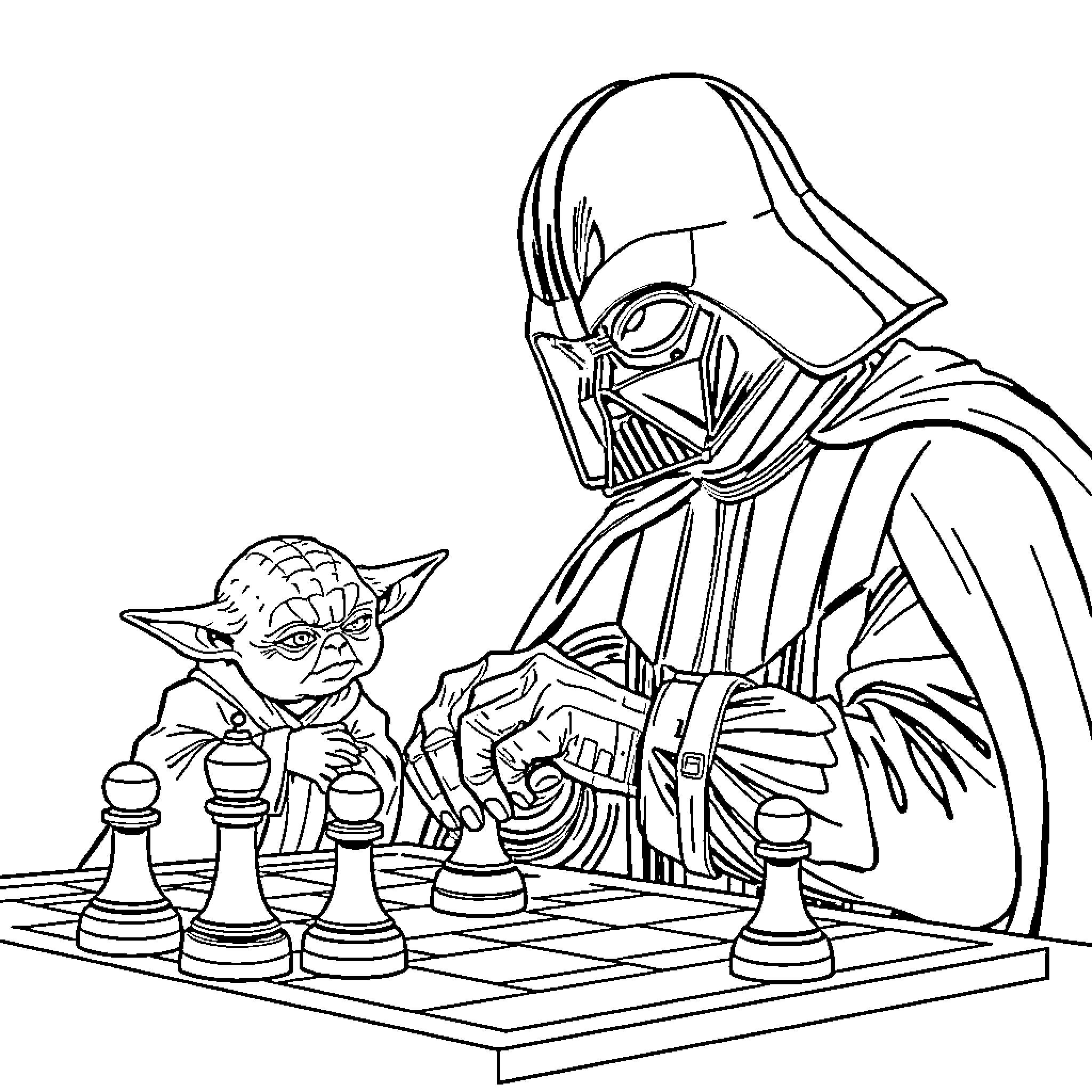 Darth Vader and Yoda playing chess Coloring Page (free black-and-white line drawing printable PDF for all, from beginners to advanced learners, including children, teens, adults, and seniors)